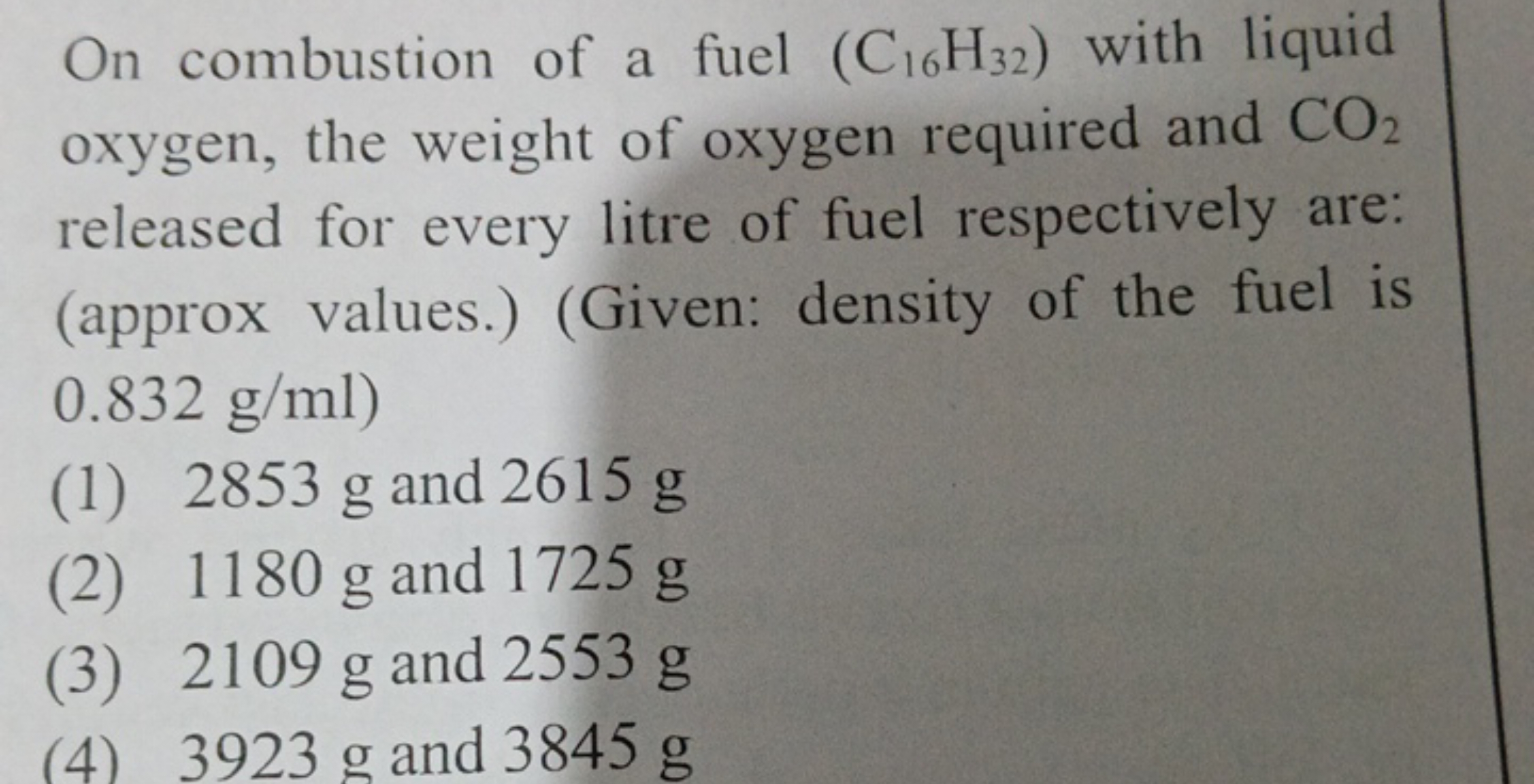 On combustion of a fuel (C16​H32​) with liquid oxygen, the weight of o