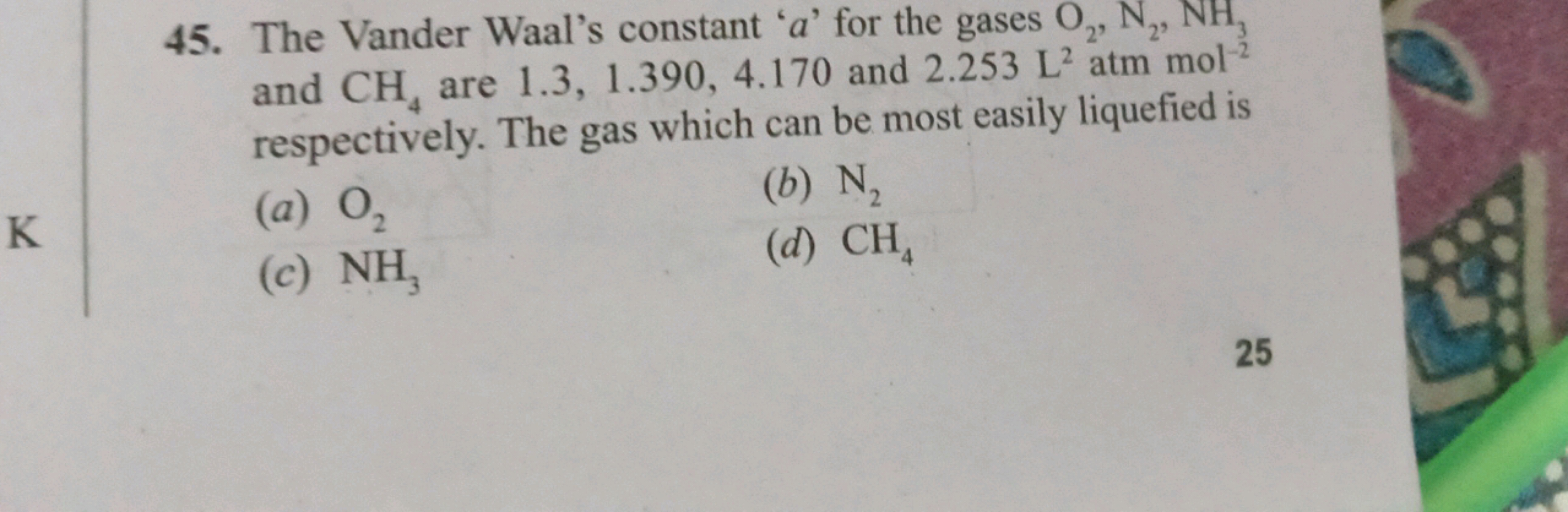 45. The Vander Waal's constant ' a ' for the gases O2​, N2​,NH3​ and C