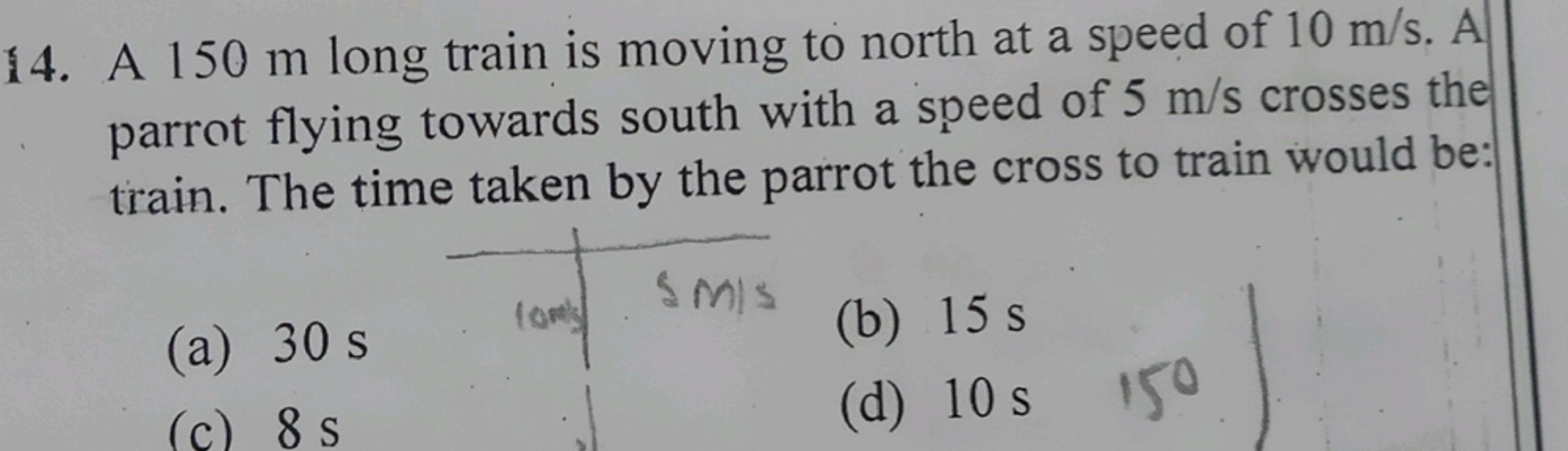 14. A 150 m long train is moving to north at a speed of 10 m/s. A parr