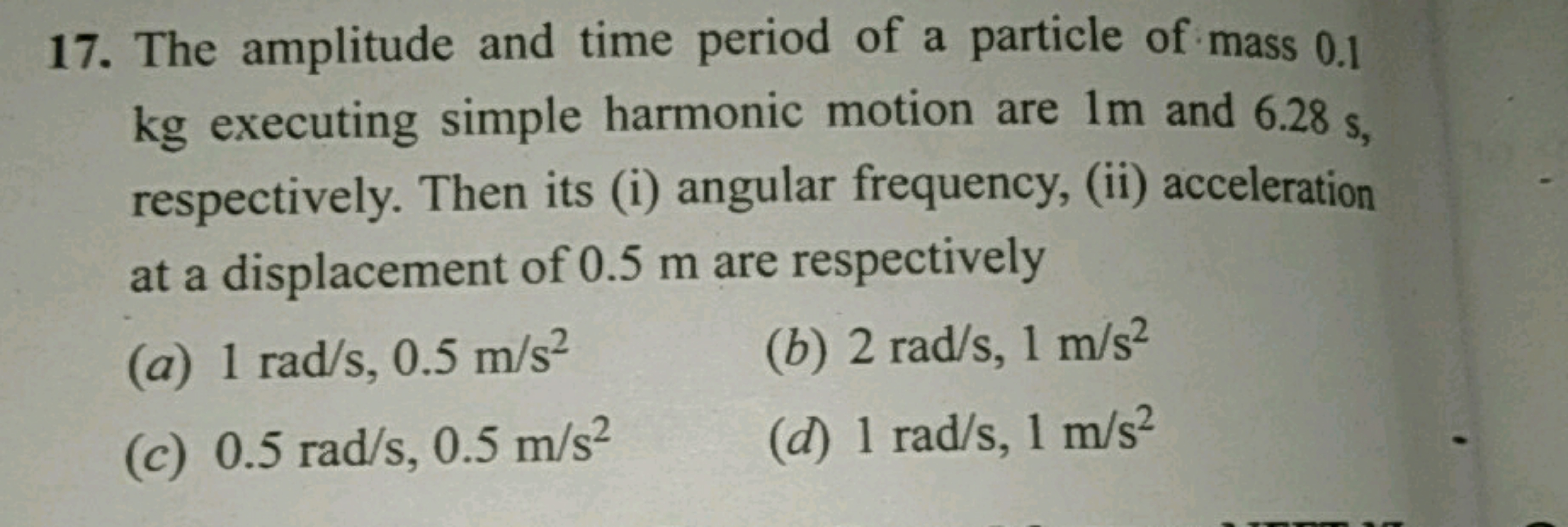 17. The amplitude and time period of a particle of mass 0.1 kg executi