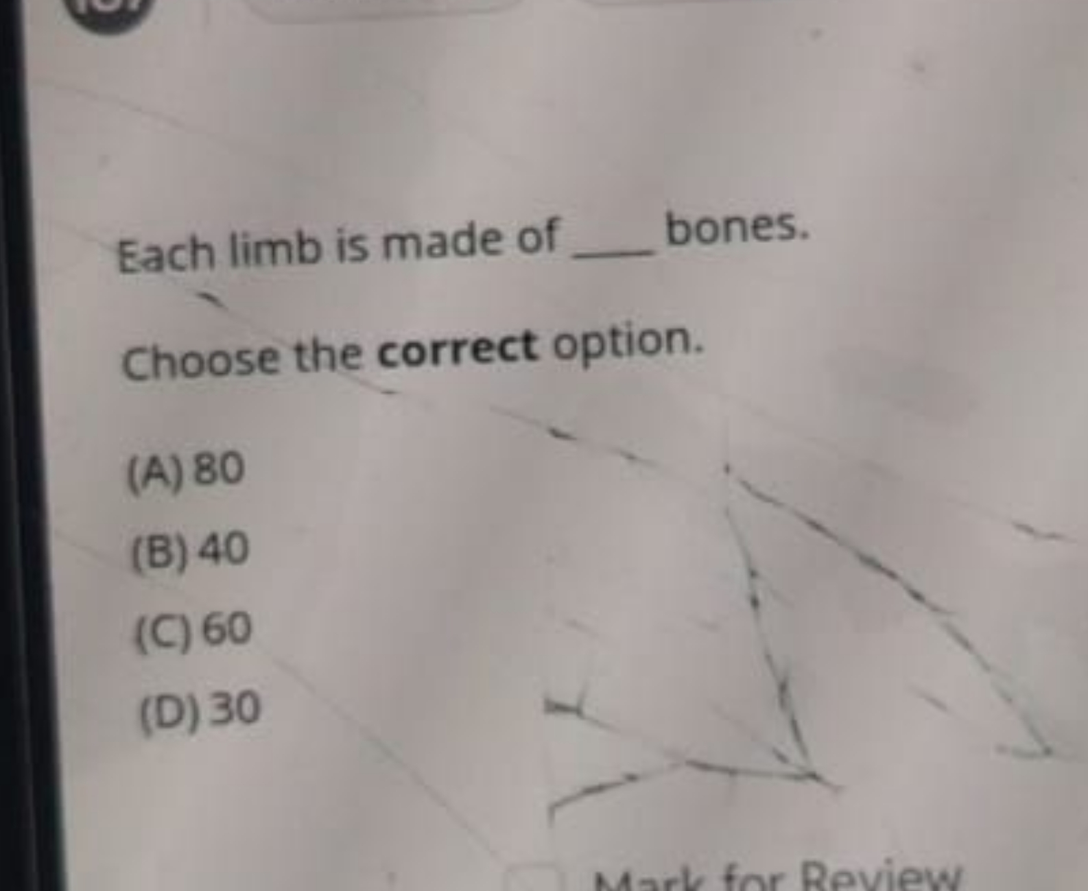 Each limb is made of  bones.

Choose the correct option.
(A) 80
(B) 40