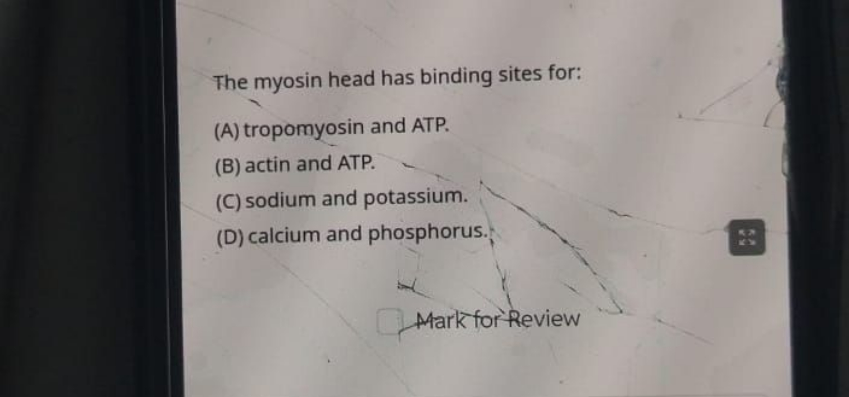 The myosin head has binding sites for:
(A) tropomyosin and ATP.
(B) ac