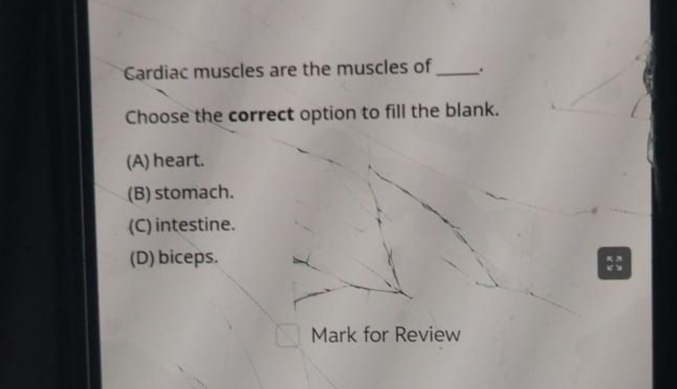 Gardiac muscles are the muscles of 
Choose the correct option to fill 