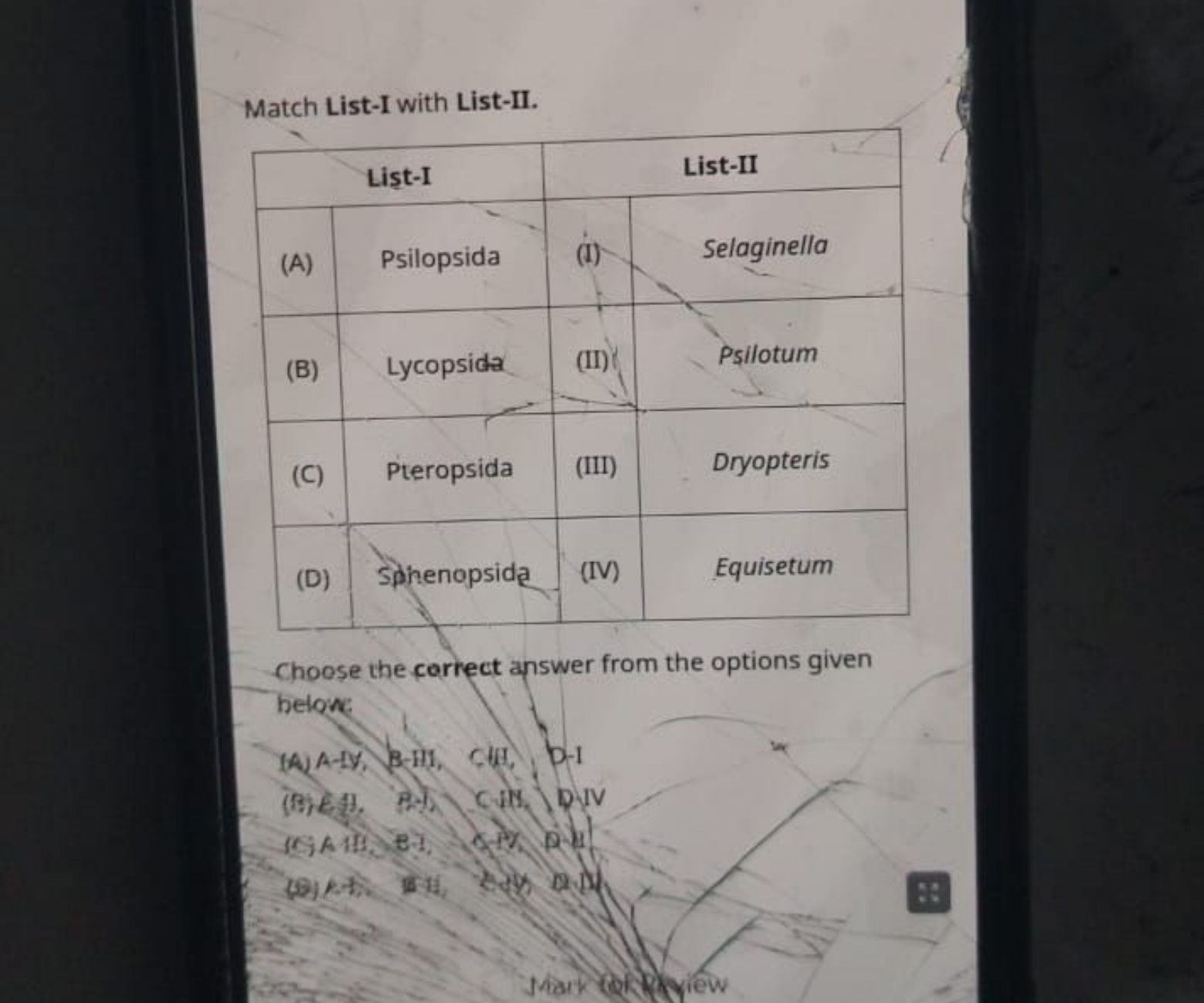 Match List-I with List-II.
List-IList-II(A)Psilopsida(I)Selaginella(B)