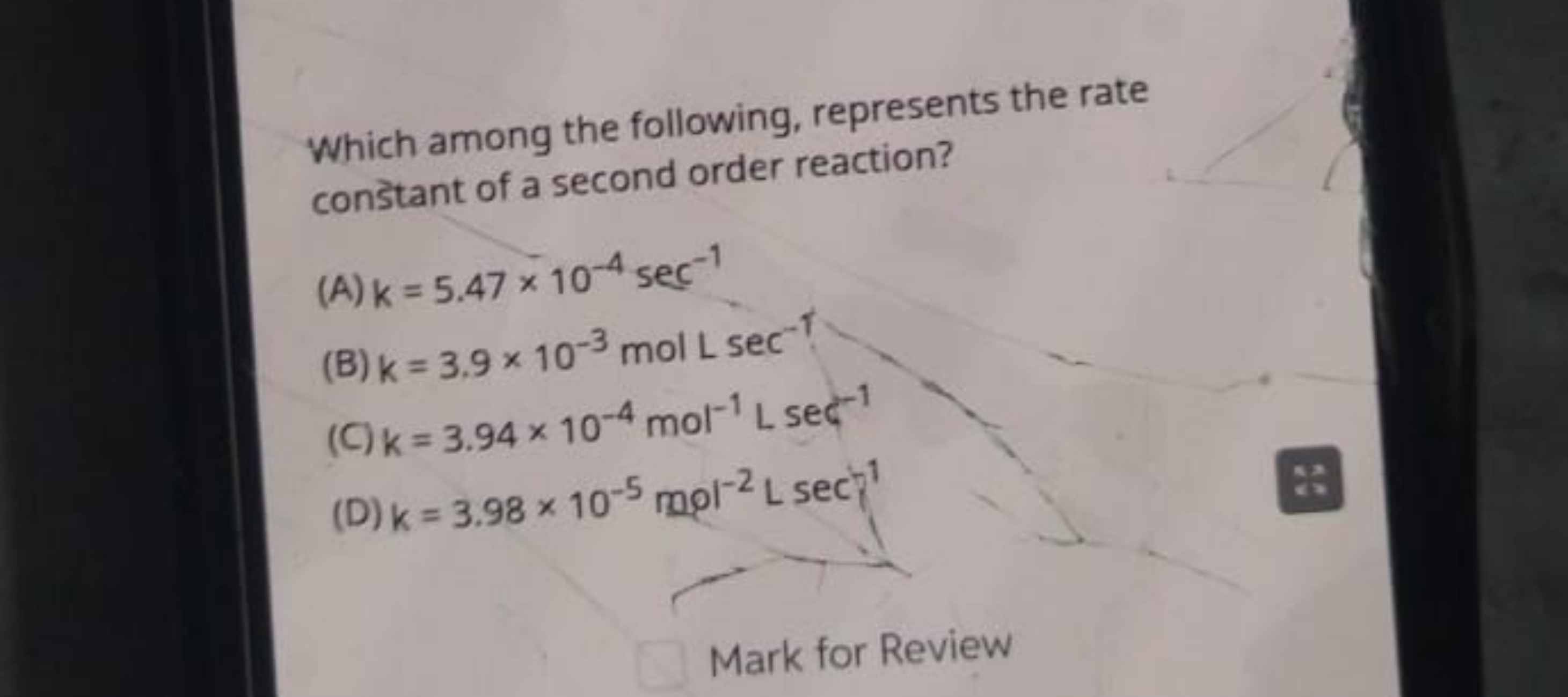 Which among the following, represents the rate constant of a second or