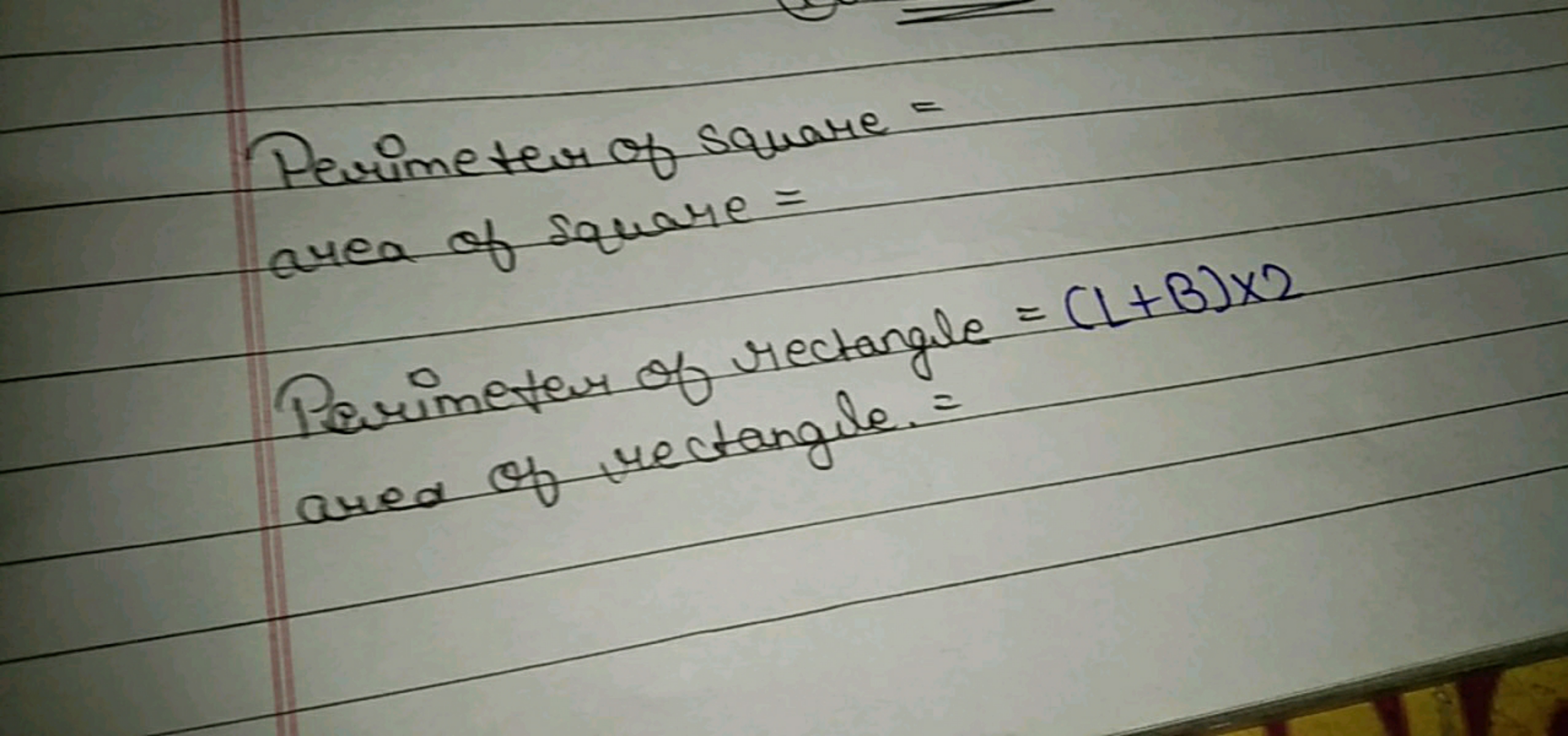 Perimeter of square =
area of square=
Perimeter of rectangle = (L+B)x2