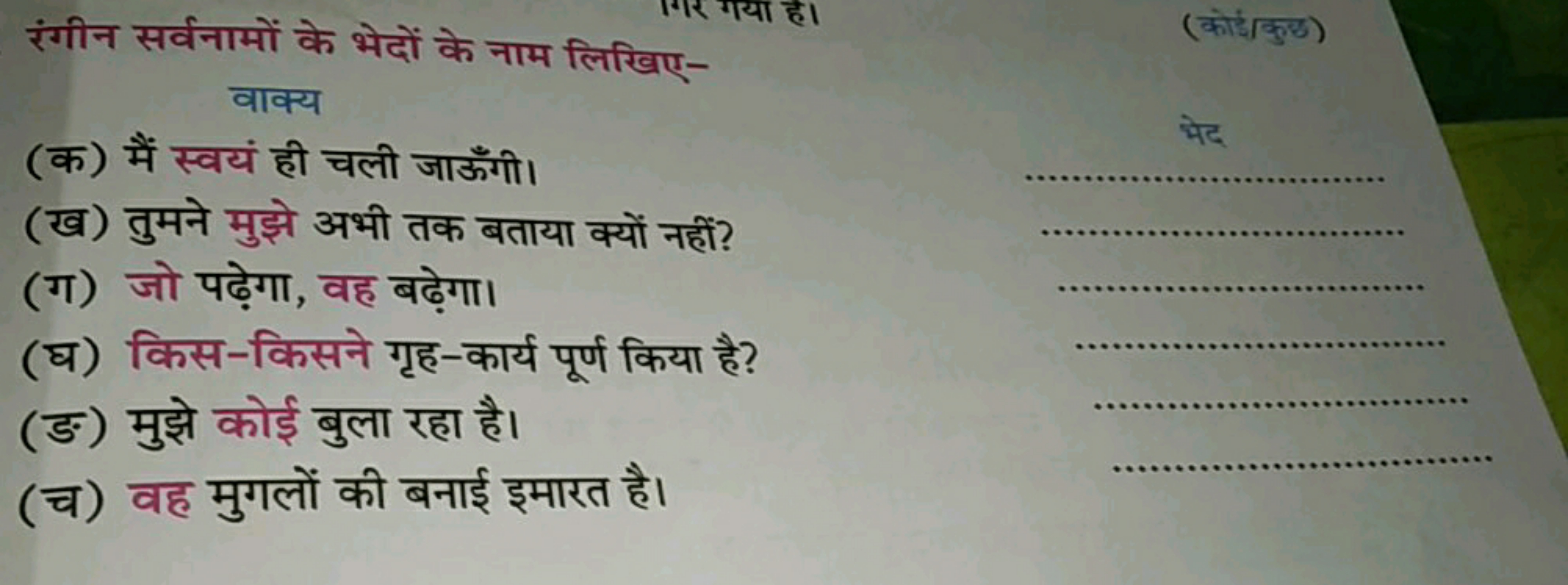 रंगीन सर्वनामों के भेदों के नाम लिखिए-
वाक्य
(क) मैं स्वयं ही चली जाऊँ