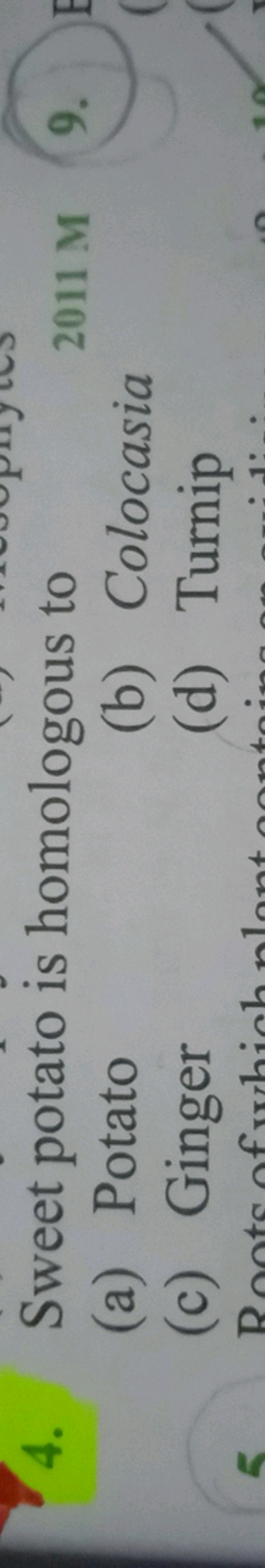 4. Sweet potato is homologous to
(a) Potato
(b) Colocasia
(c) Ginger
(