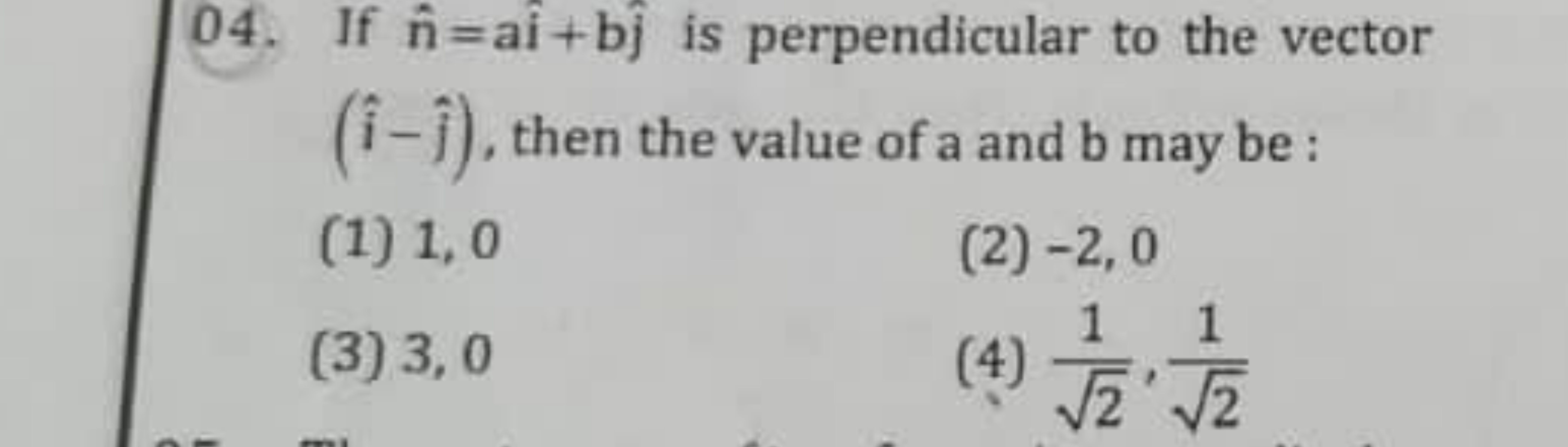 04. If n^=ai^+bj^​ is perpendicular to the vector (i^−j^​), then the v