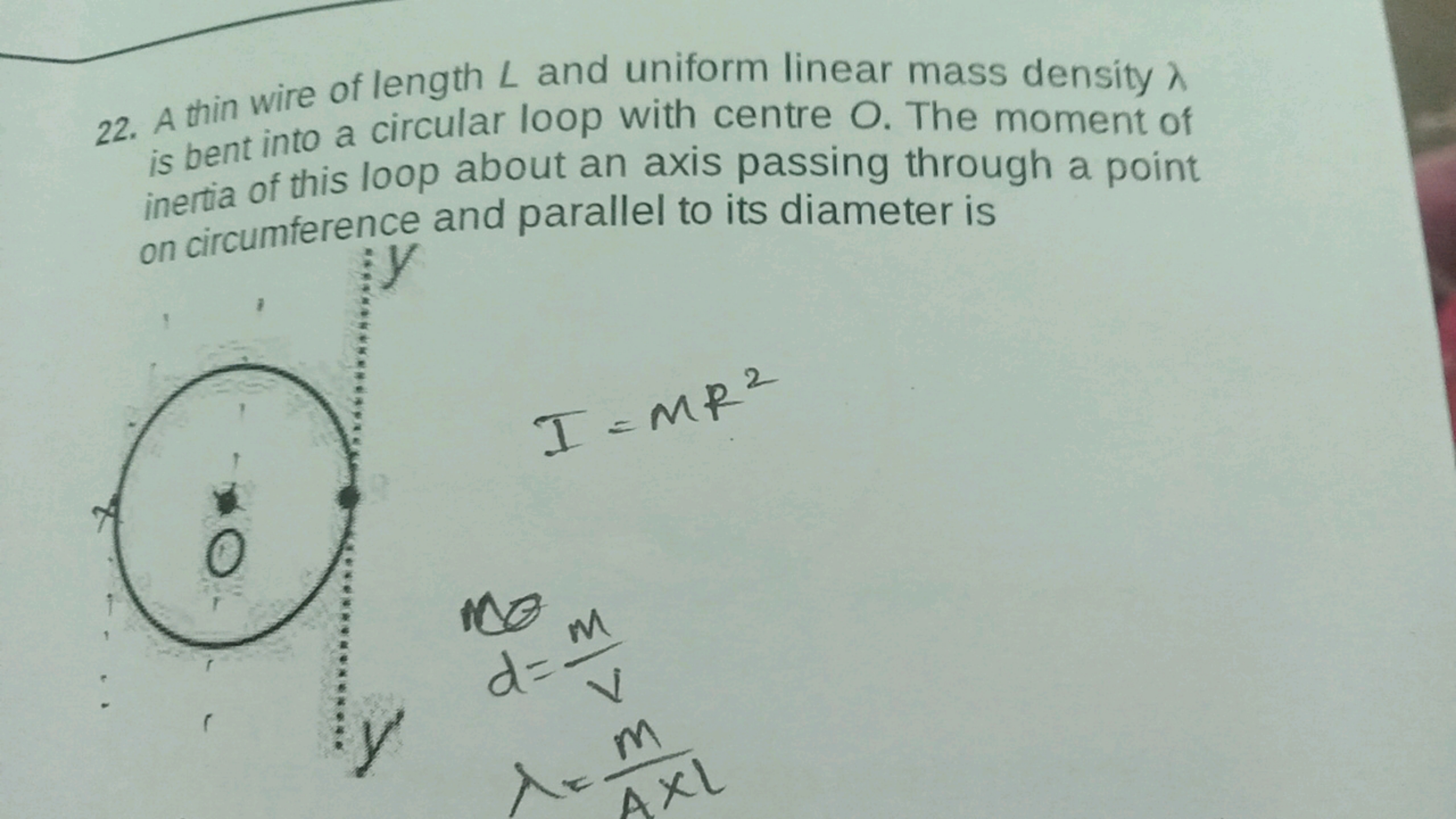 22. A thin wire of length L and uniform linear mass density
is bent in