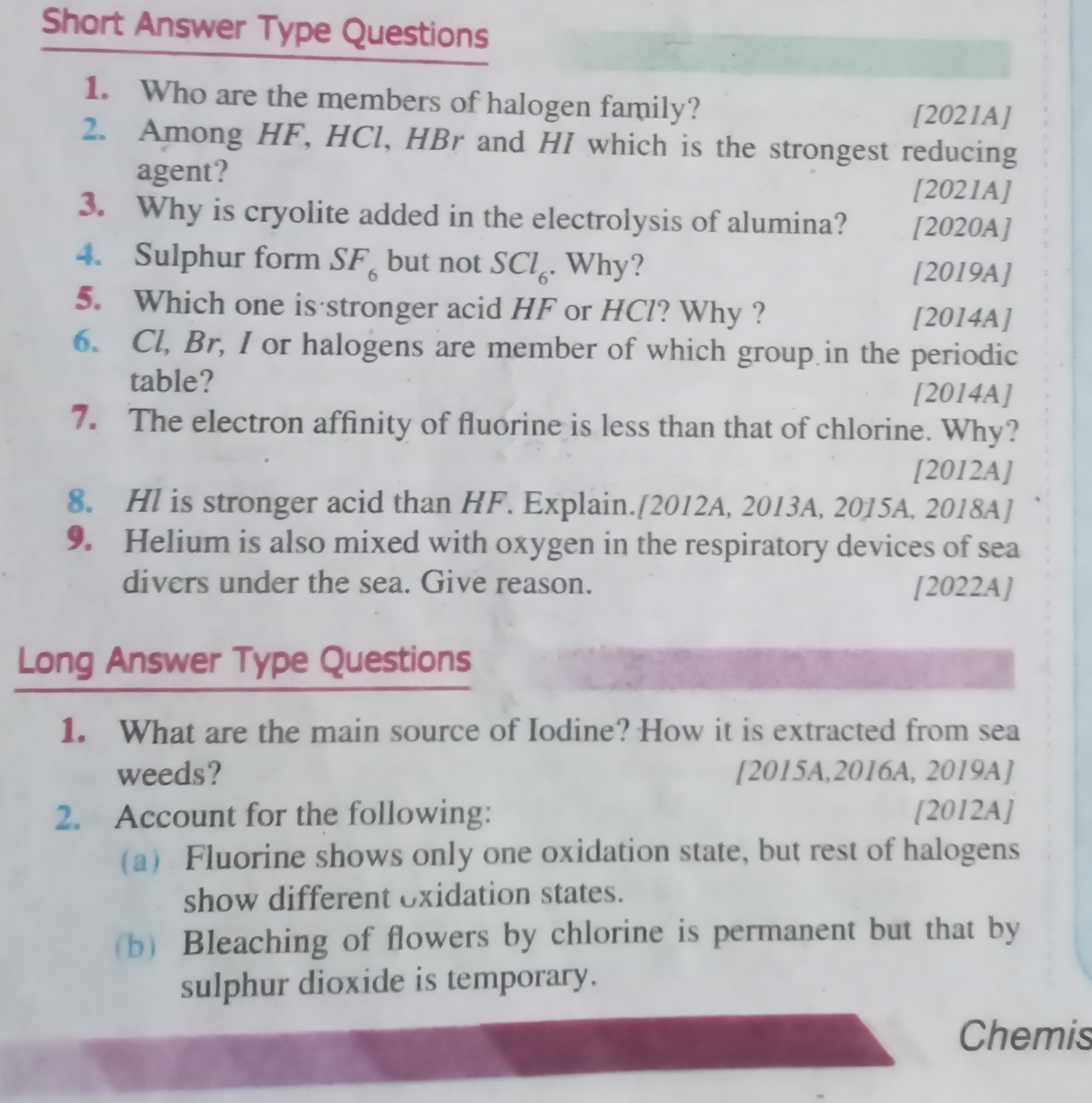 Short Answer Type Questions
1. Who are the members of halogen family?
