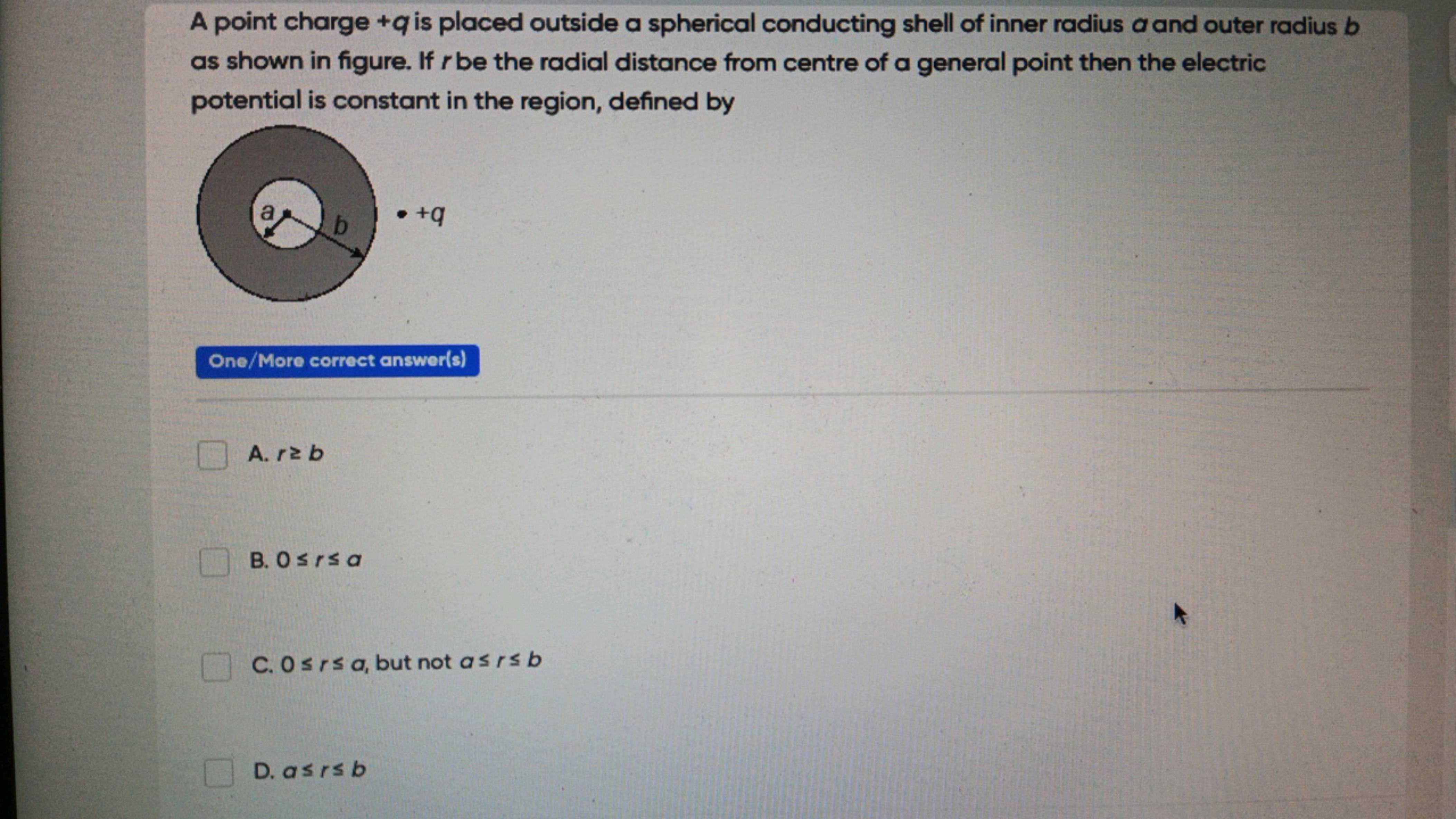 A point charge +q is placed outside a spherical conducting shell of in