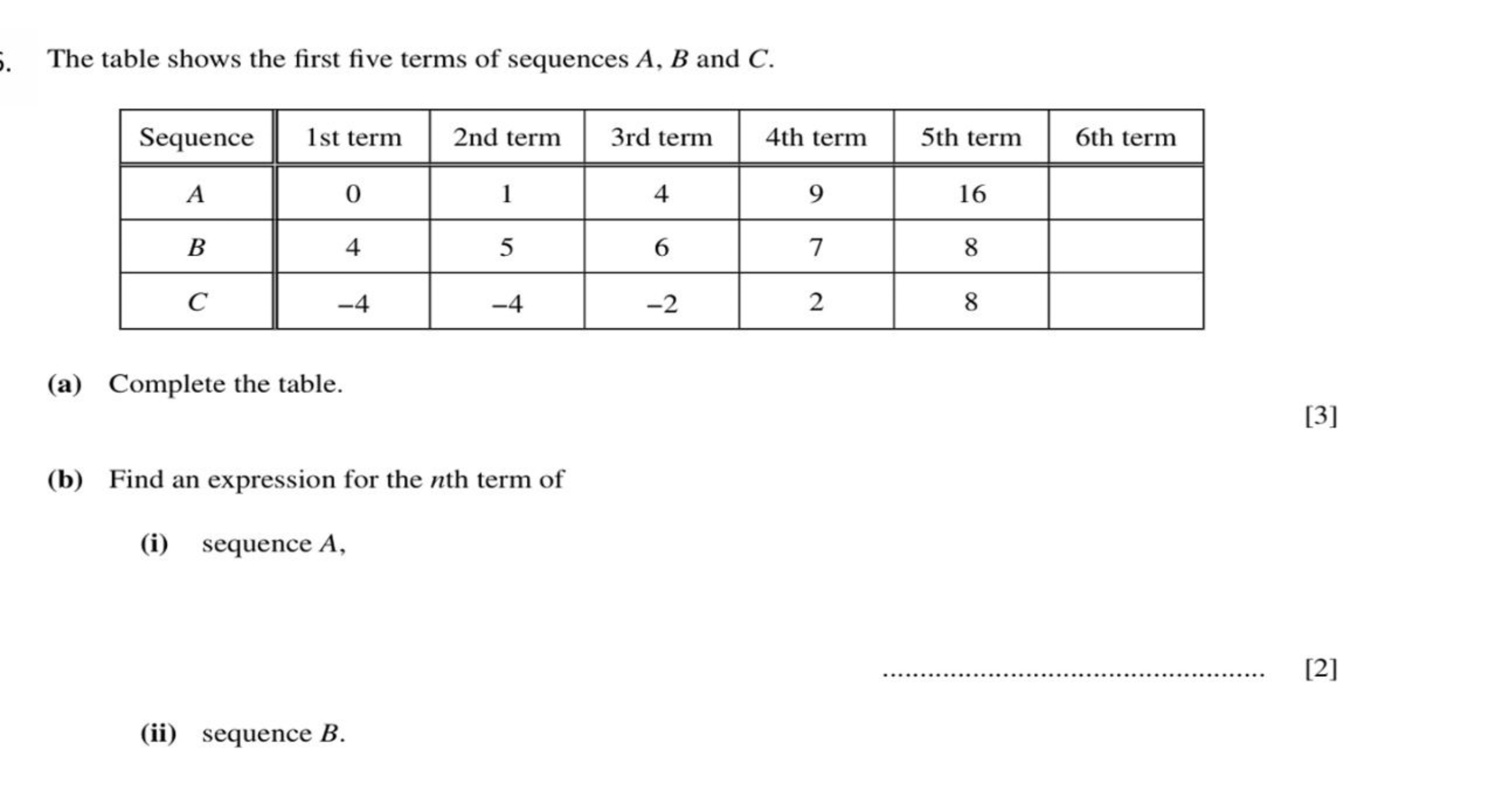 The table shows the first five terms of sequences A,B and C.
\begin{ta