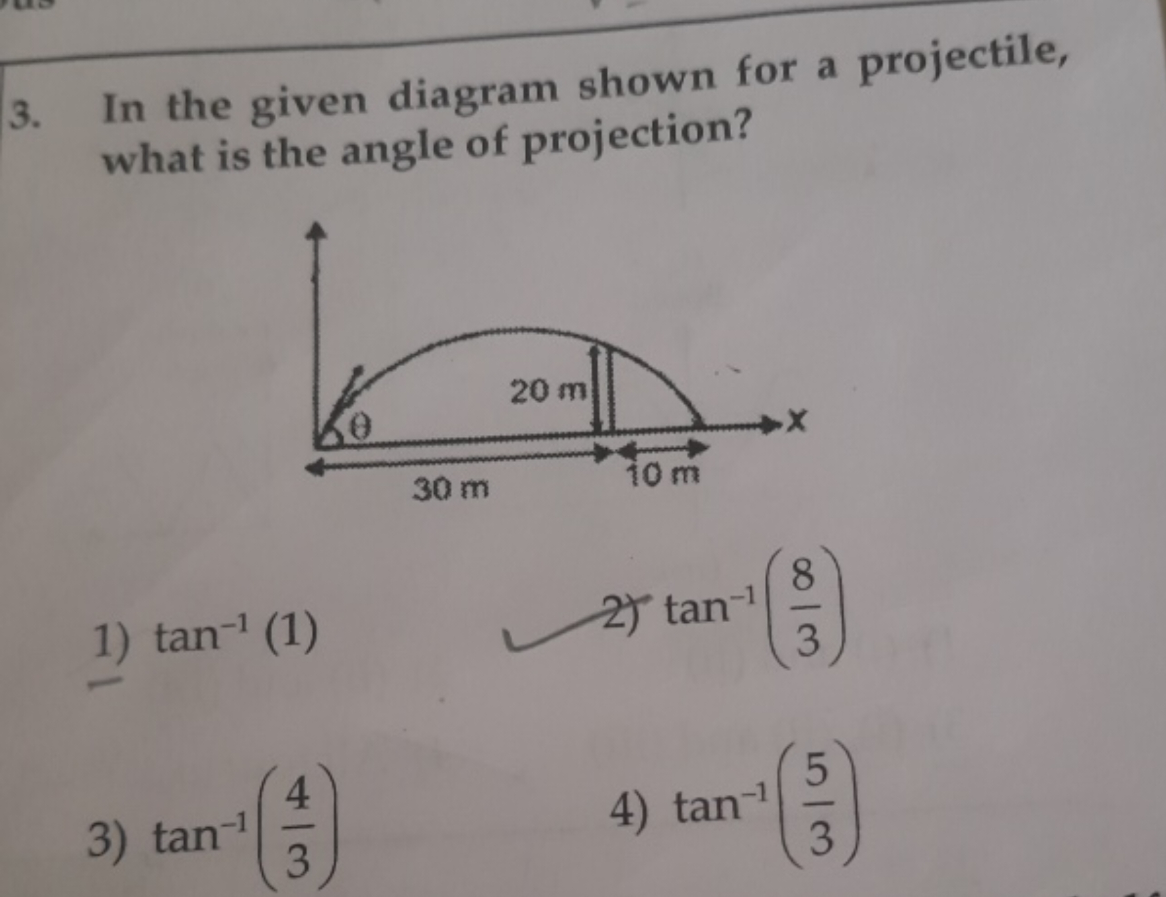 3. In the given diagram shown for a projectile, what is the angle of p