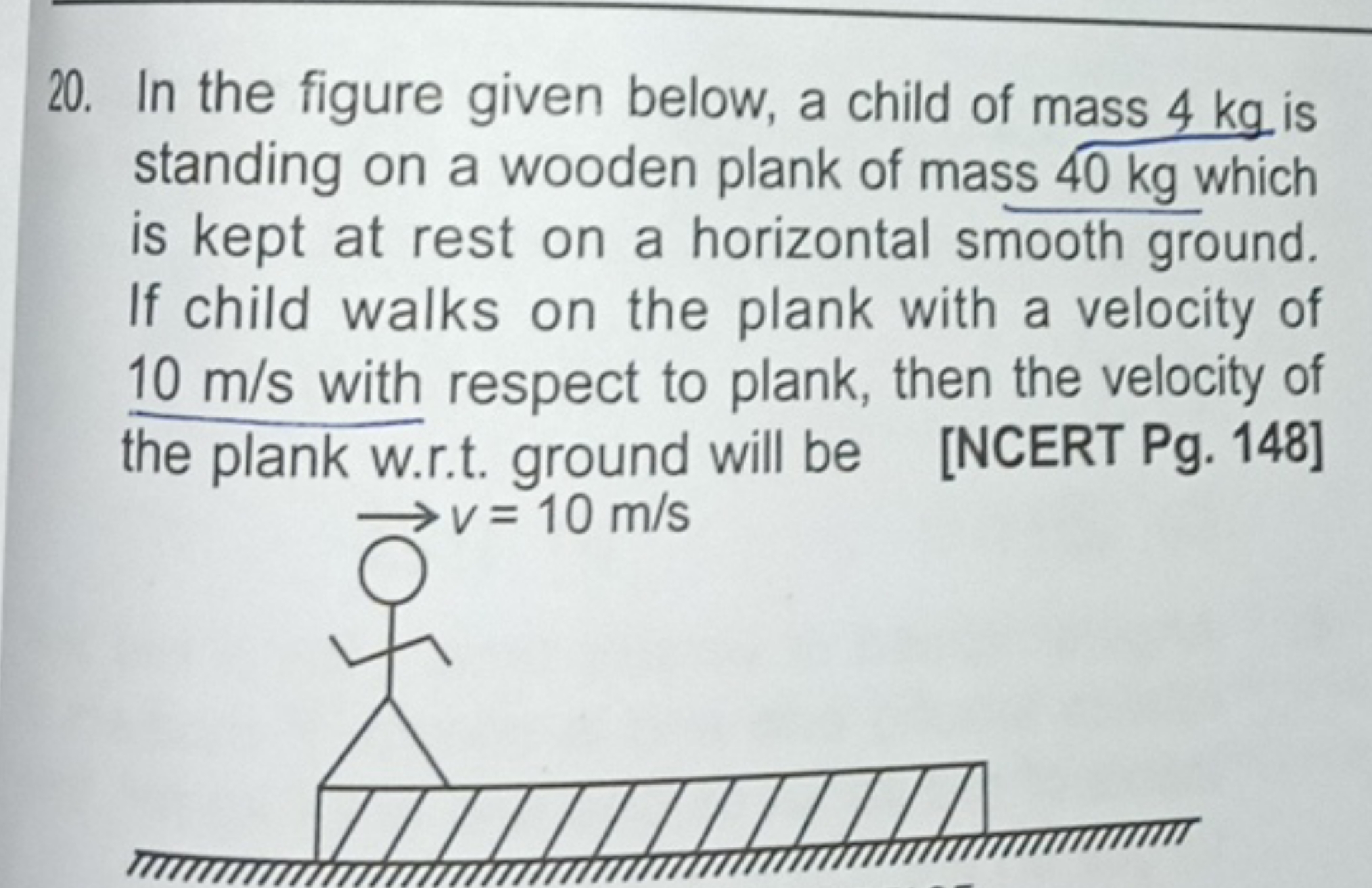 20. In the figure given below, a child of mass 4 kg is standing on a w