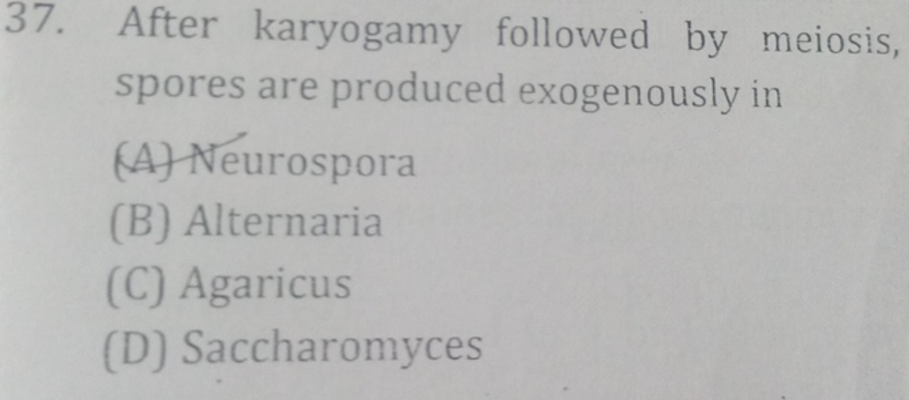 37. After karyogamy followed by meiosis, spores are produced exogenous