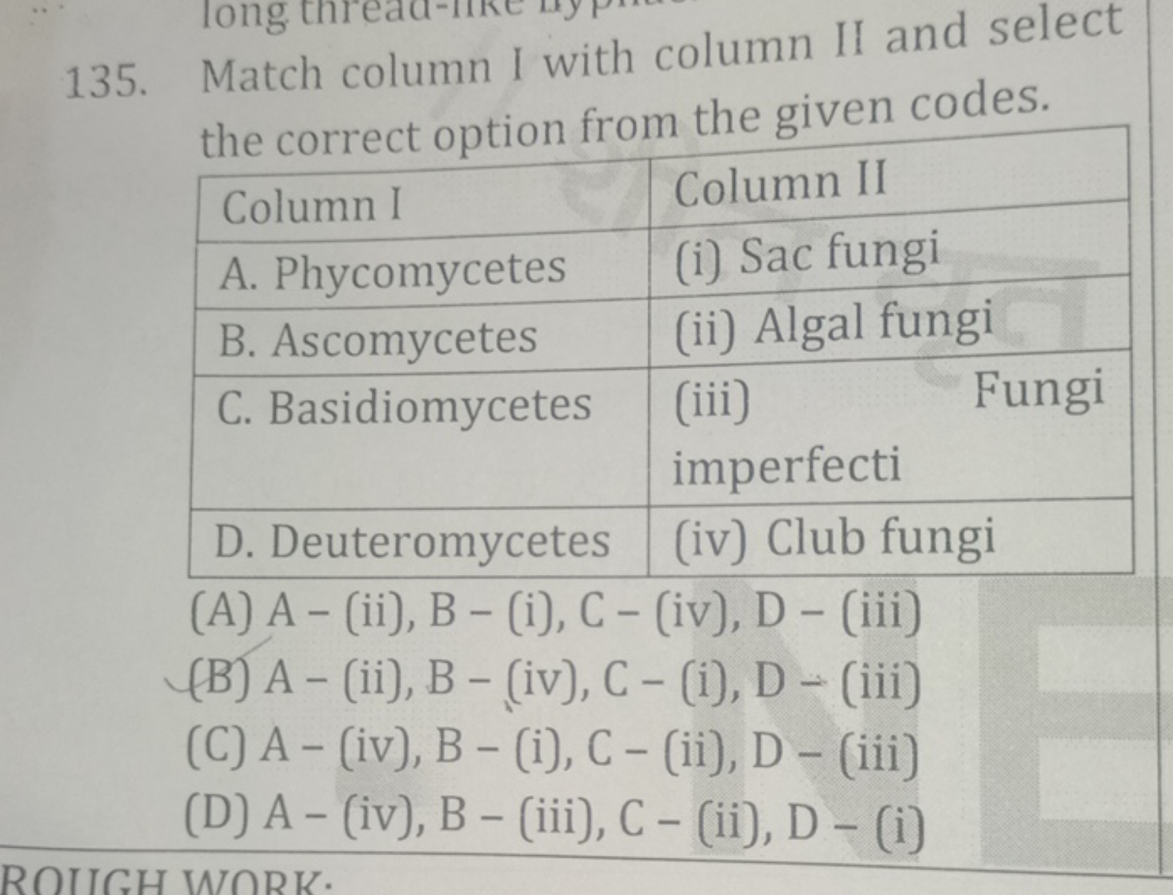 135. Match column I with column II and select the correct option from 