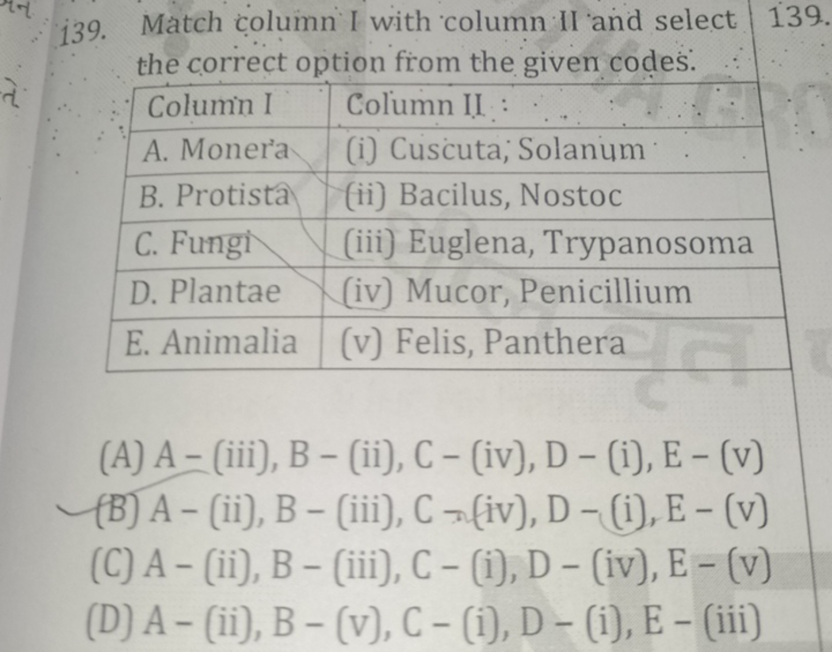 139. Match column I with column II and select the correct option from 