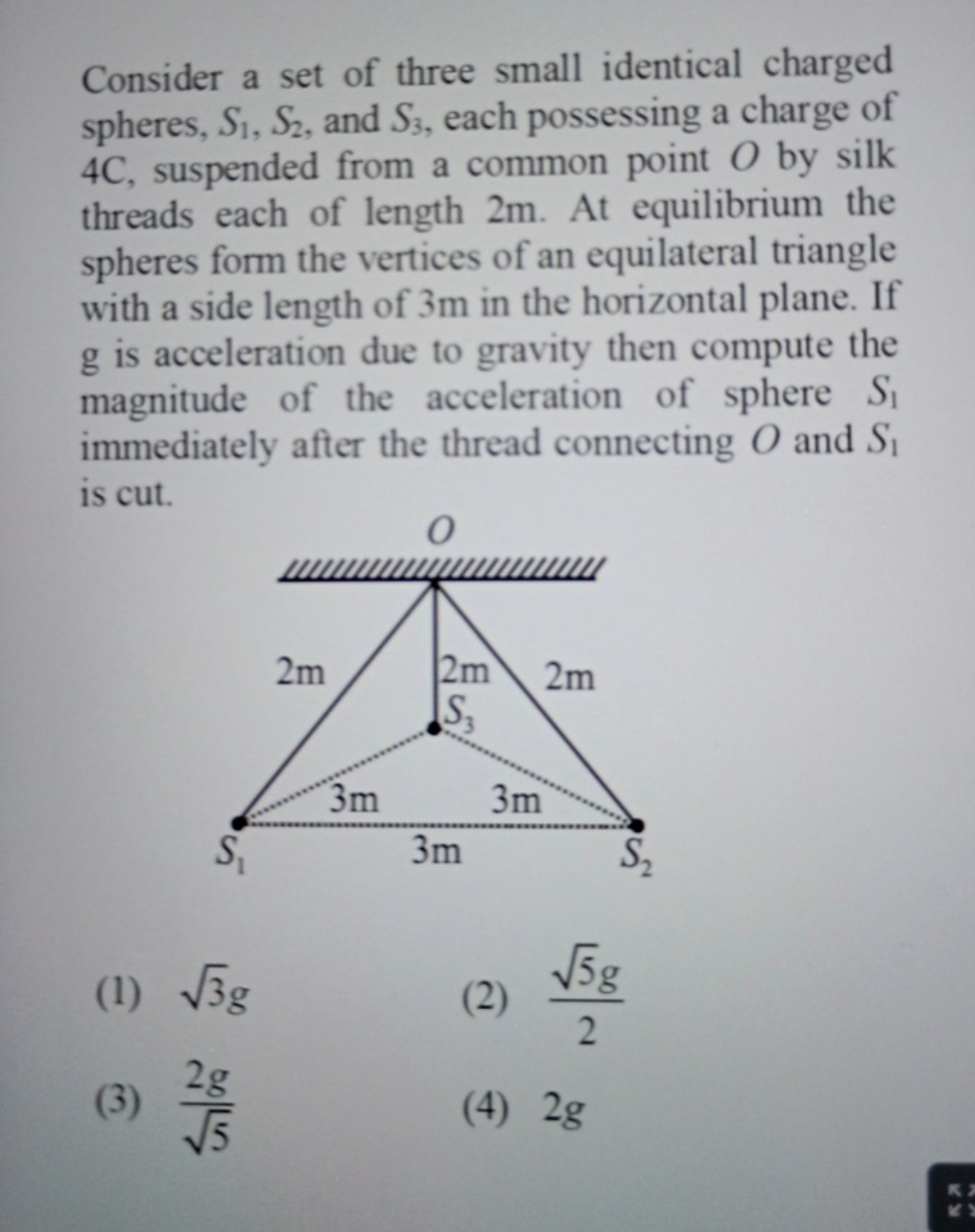 Consider a set of three small identical charged spheres, S1​,S2​, and 