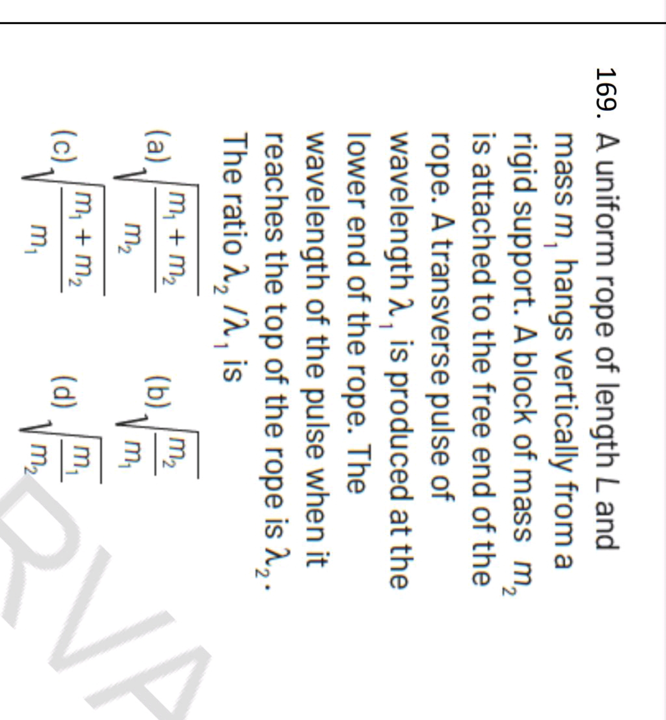 169. A uniform rope of length L and mass m1​ hangs vertically from a r