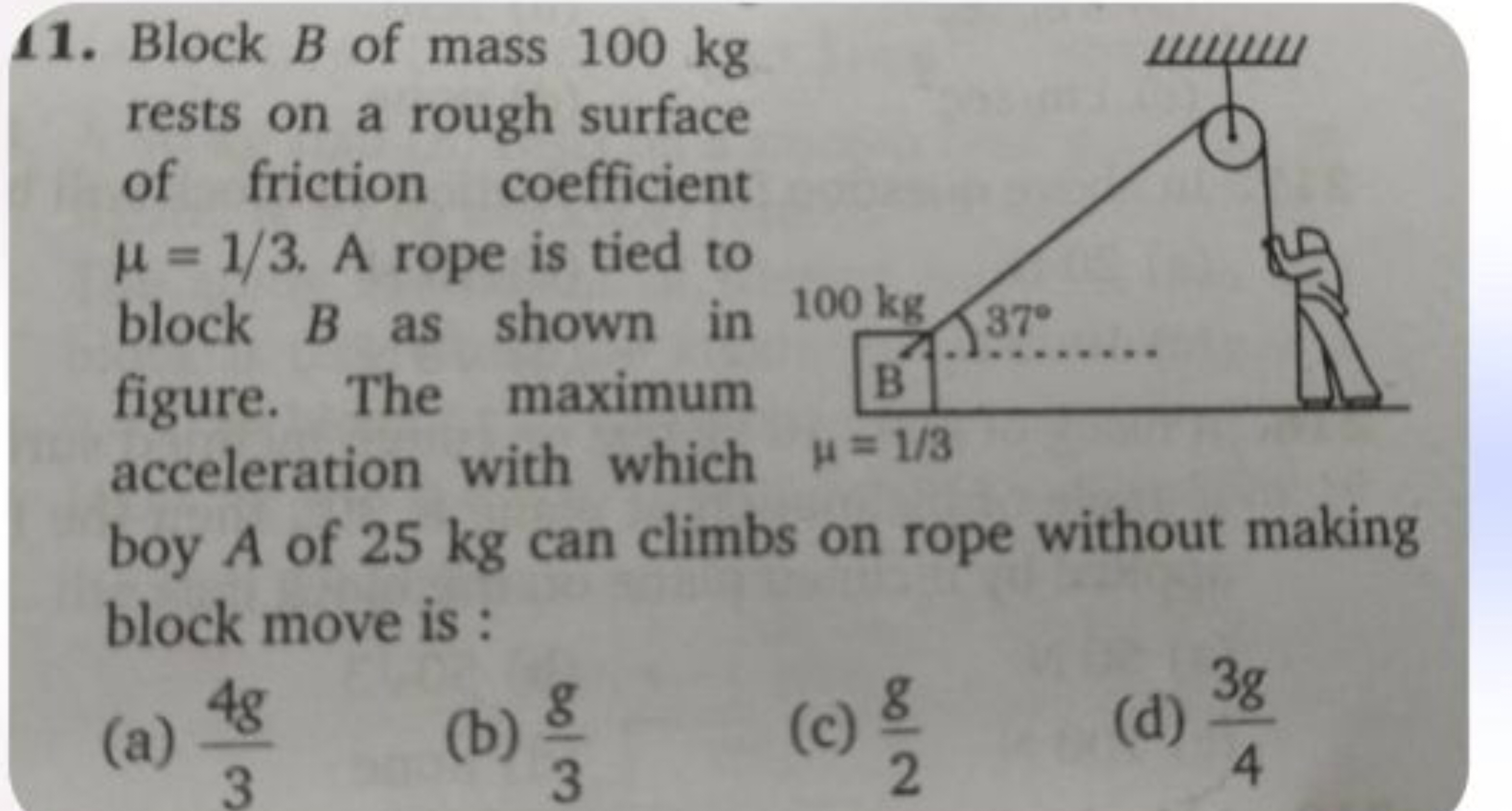 11. Block B of mass 100 kg rests on a rough surface of friction coeffi