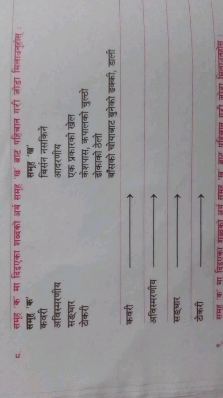 ᄃ. समूह 'क' मा दिइएका शब्दको अर्थ समूह 'ख' बाट पहिचान गरी जोडा मिलाउनु