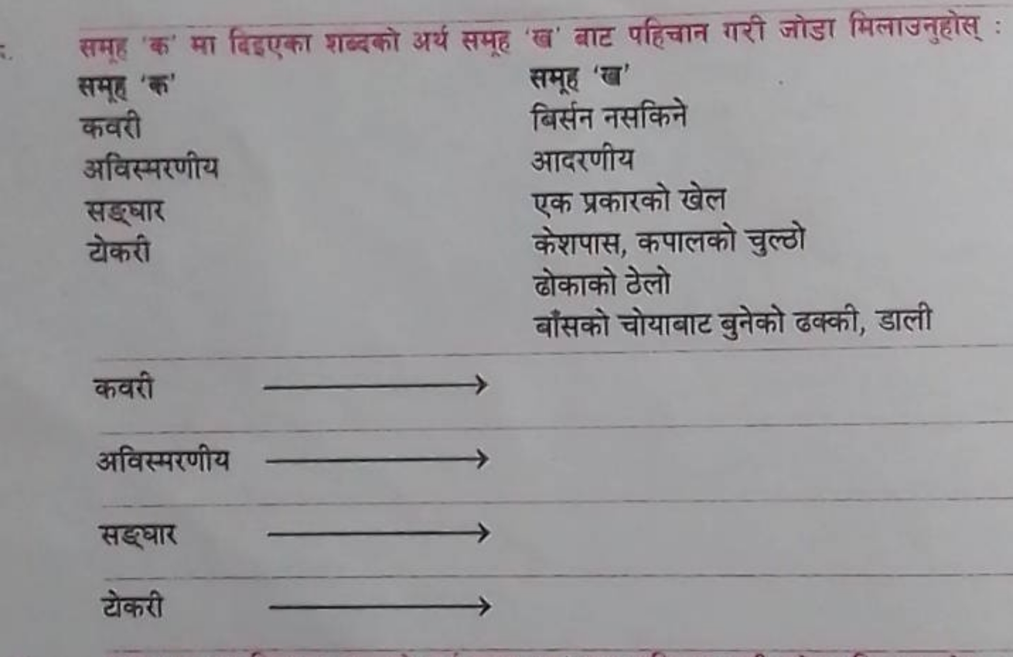 समूह 'क' मा विइएका शब्दको अर्थ समूह 'ख' बाट पहिचान गरी जोडा मिलाउनुहोस