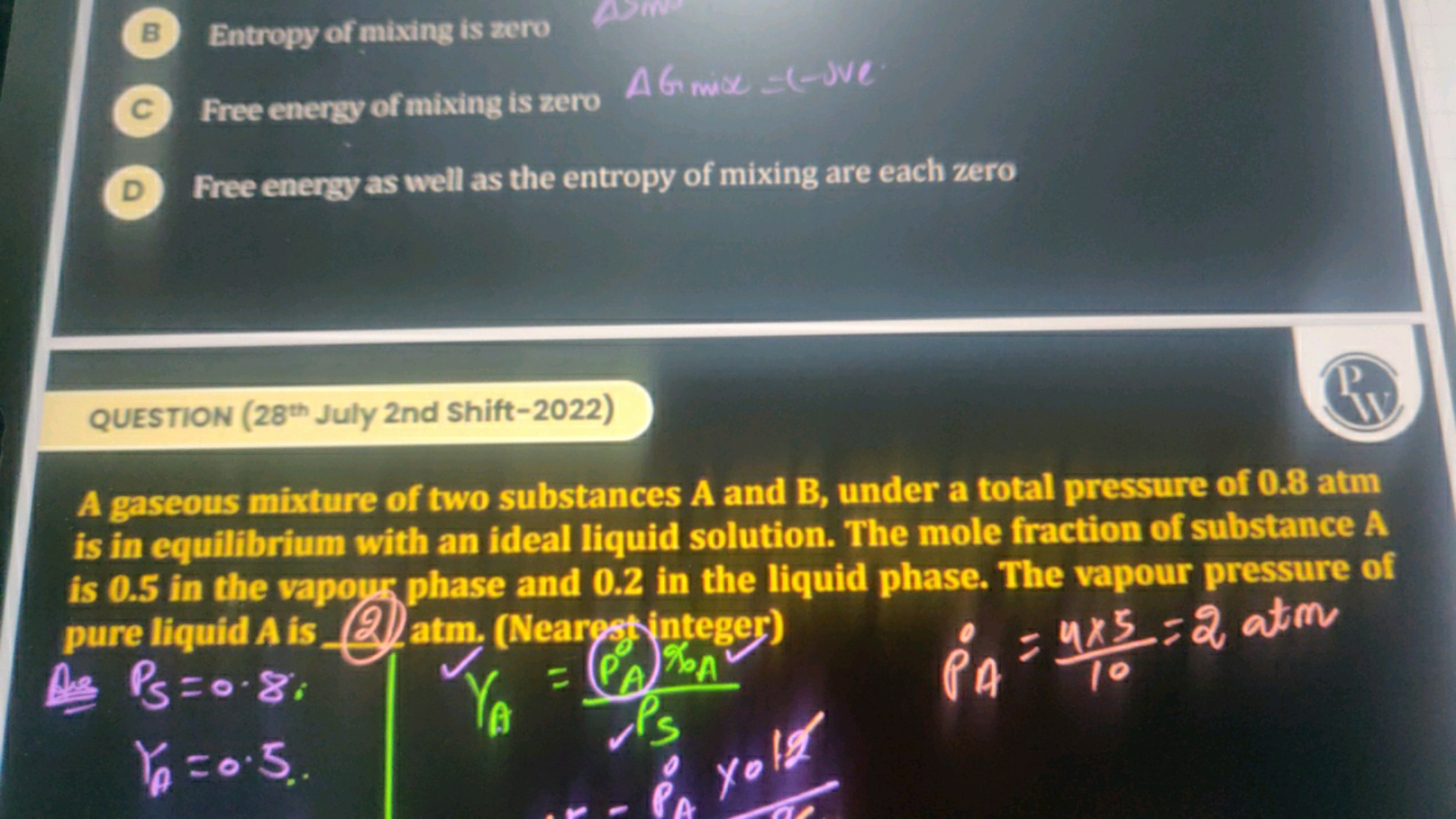 B Entropy of mixing is zero
C Free energy of mixing is zero AGminα=(−J