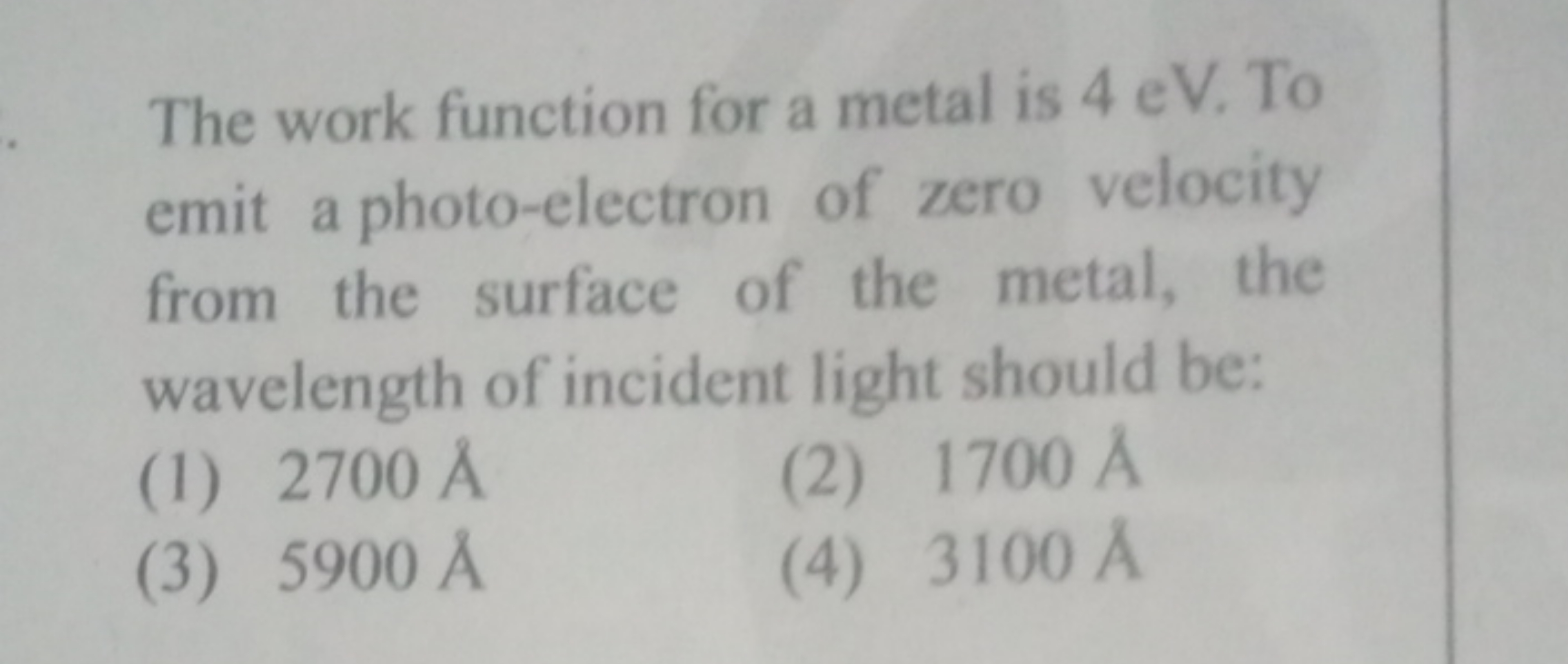 The work function for a metal is 4 eV . To emit a photo-electron of ze