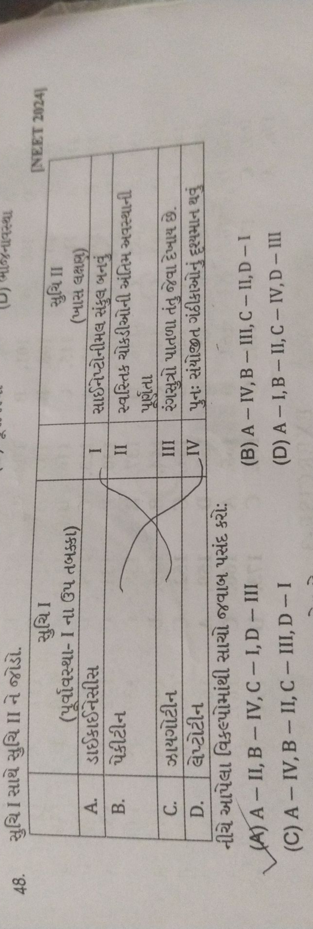 48. સુચિ I સાથે સુચિ II ને નોડો.
\begin{tabular}{l} 
સુચિI(પૂર્વાવસ્થા