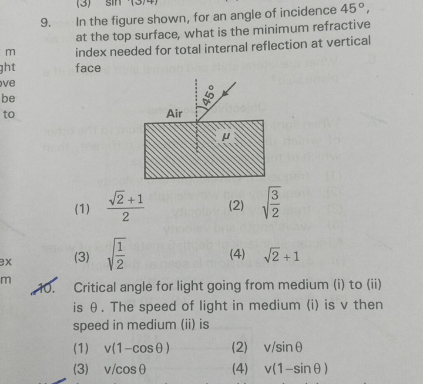 9. In the figure shown, for an angle of incidence 45∘, at the top surf