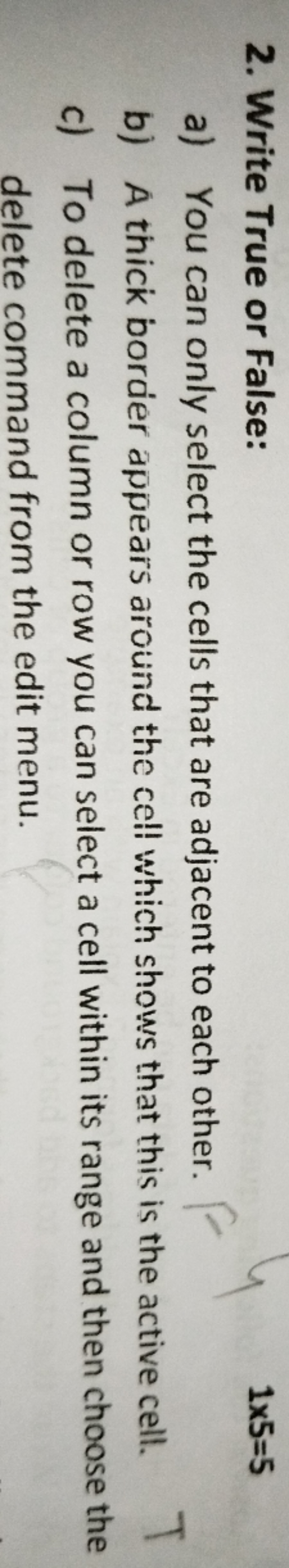 2. Write True or False:
1×5=5
a) You can only select the cells that ar