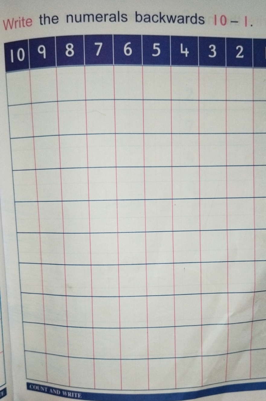 Write the numerals backwards 10−1.
10
9
8
7
6
5
4
3
2