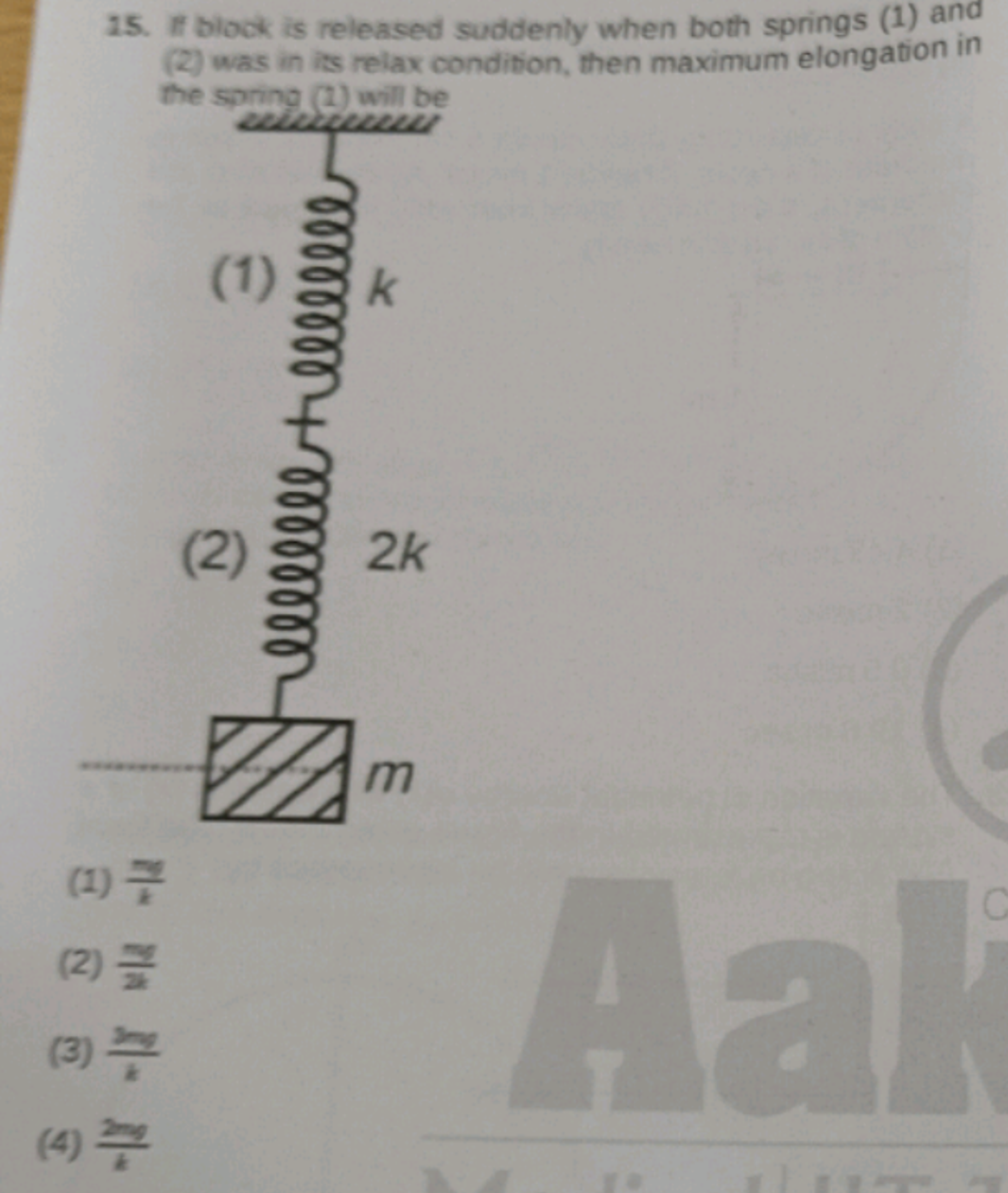 15. If block is released suddenly when both springs (1) and (2) was in