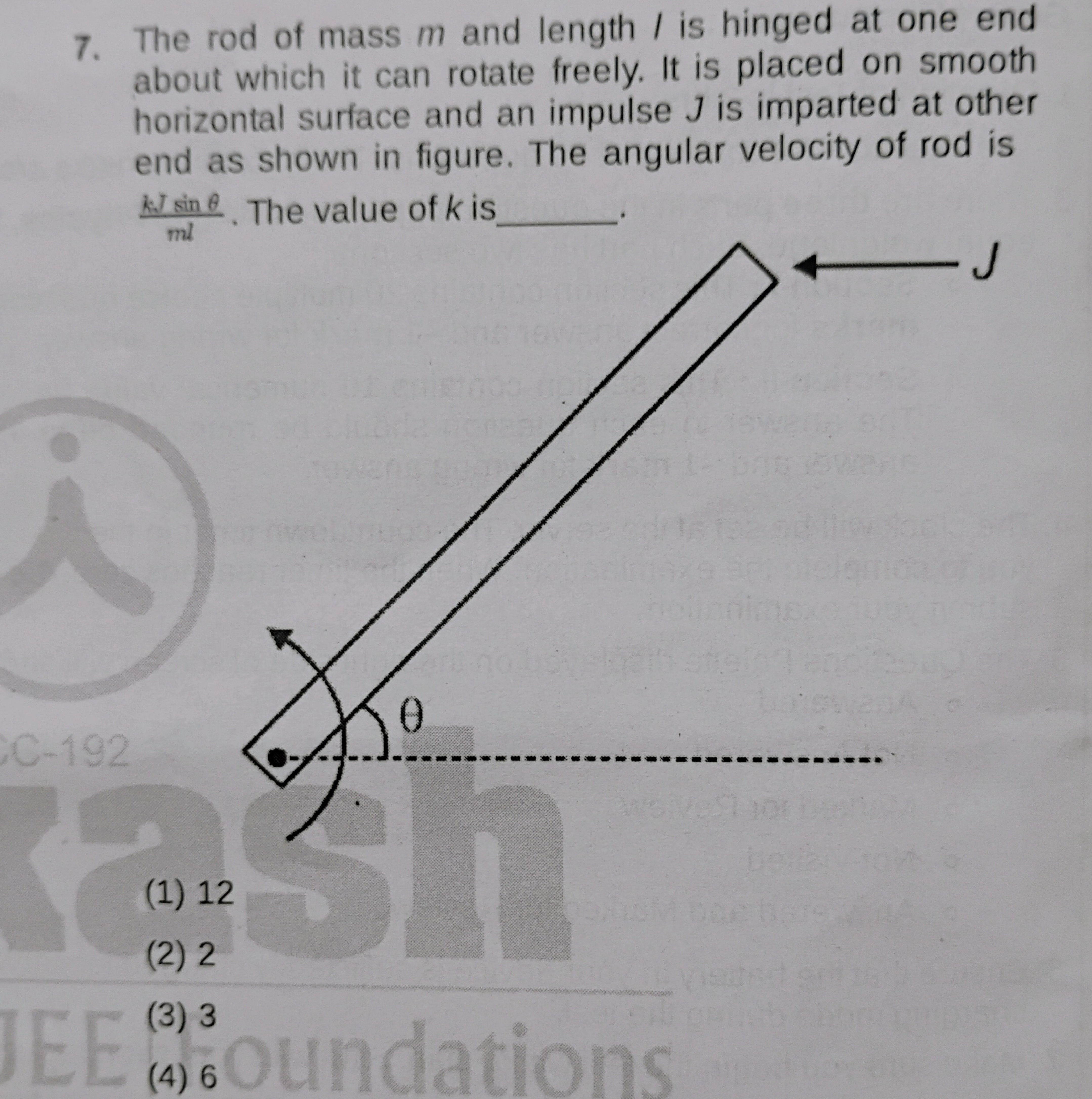 7. The rod of mass m and length I is hinged at one end about which it 