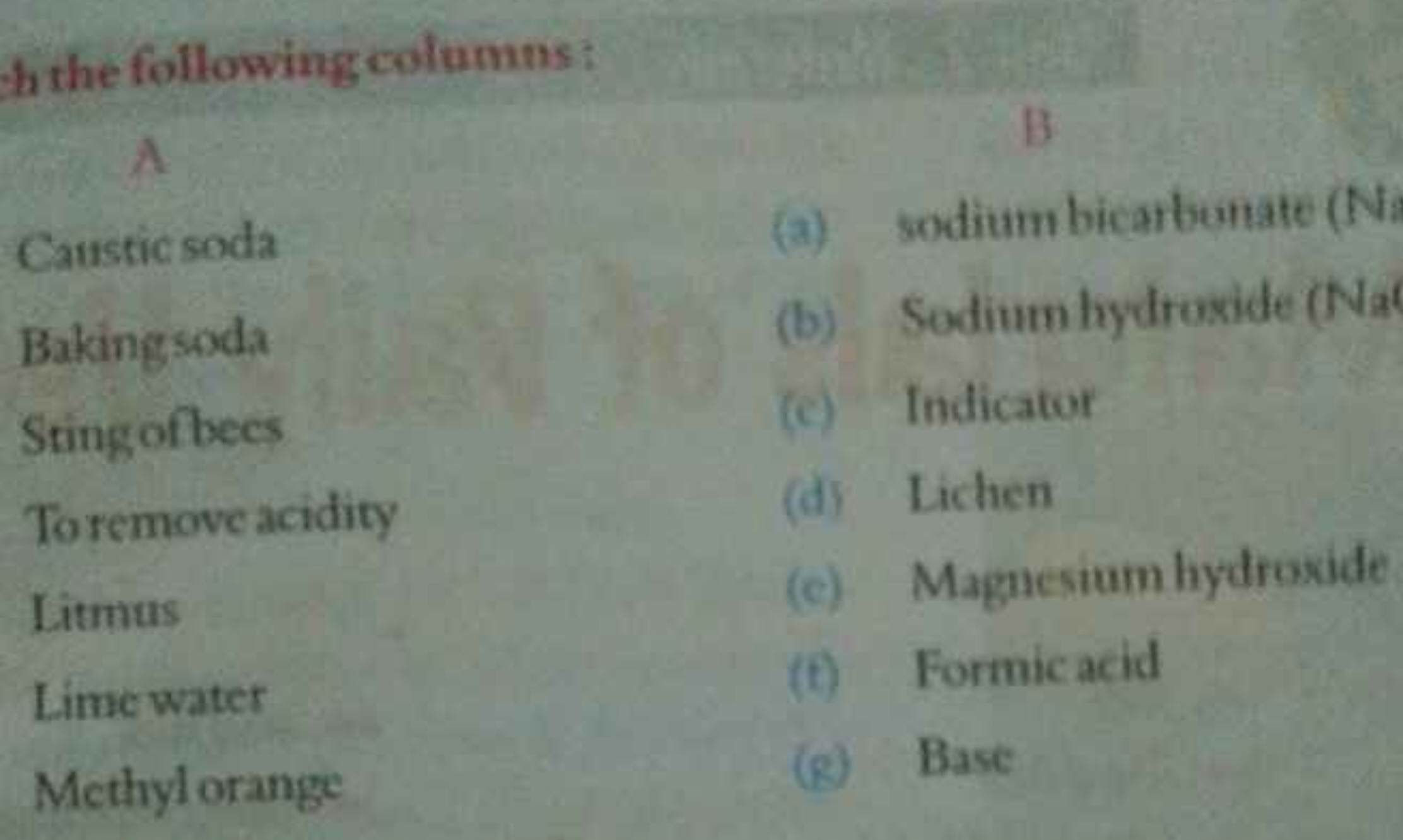 the following columns :
A
B
Caustic soda
(a) sodiumbicarbunate

Baking