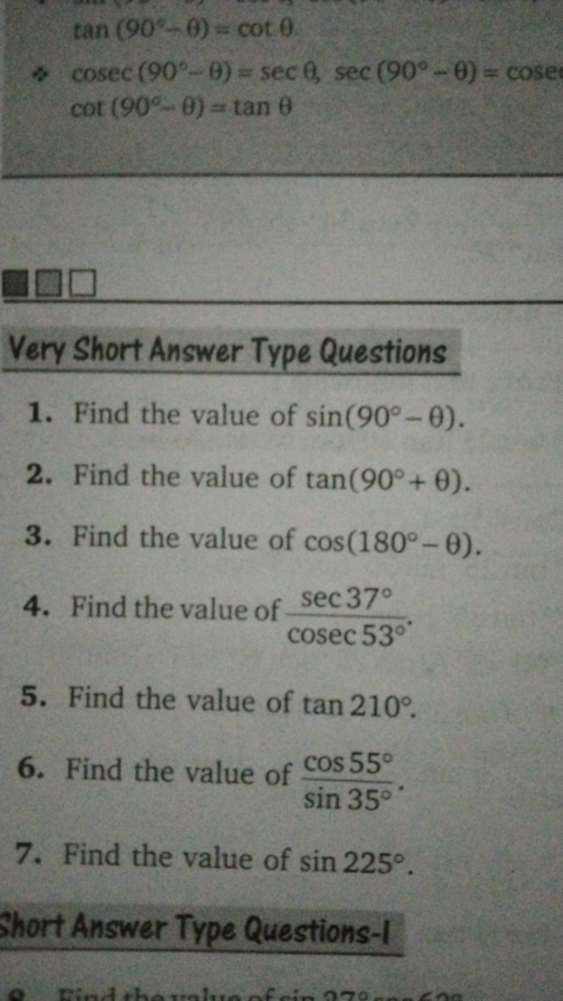 tan(90∘−θ)=cotθcosec(90∘−θ)=secθ,sec(90∘−θ)=cosecot(90∘−θ)=tanθ​

Very