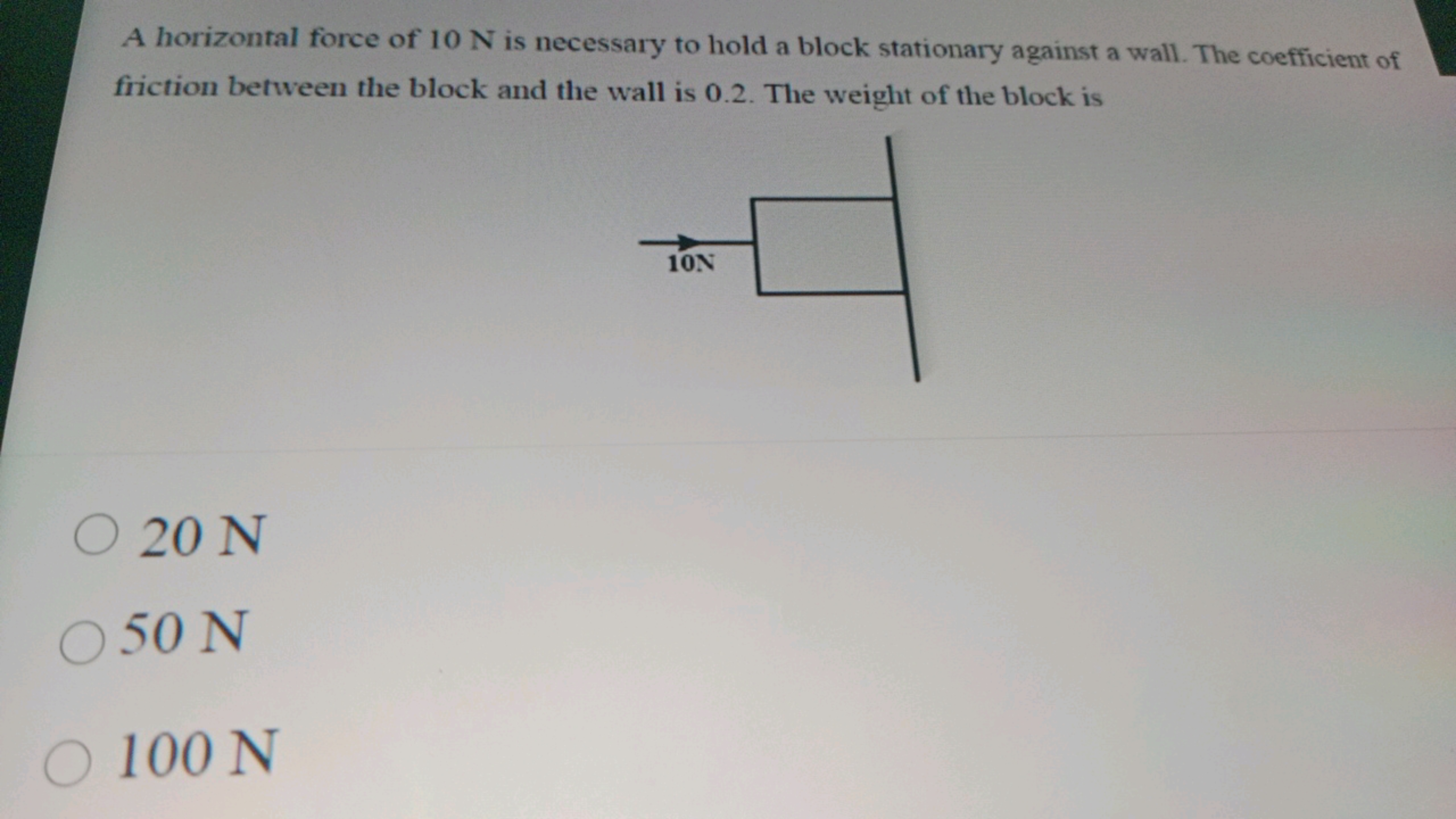 A horizontal force of 10 N is necessary to hold a block stationary aga