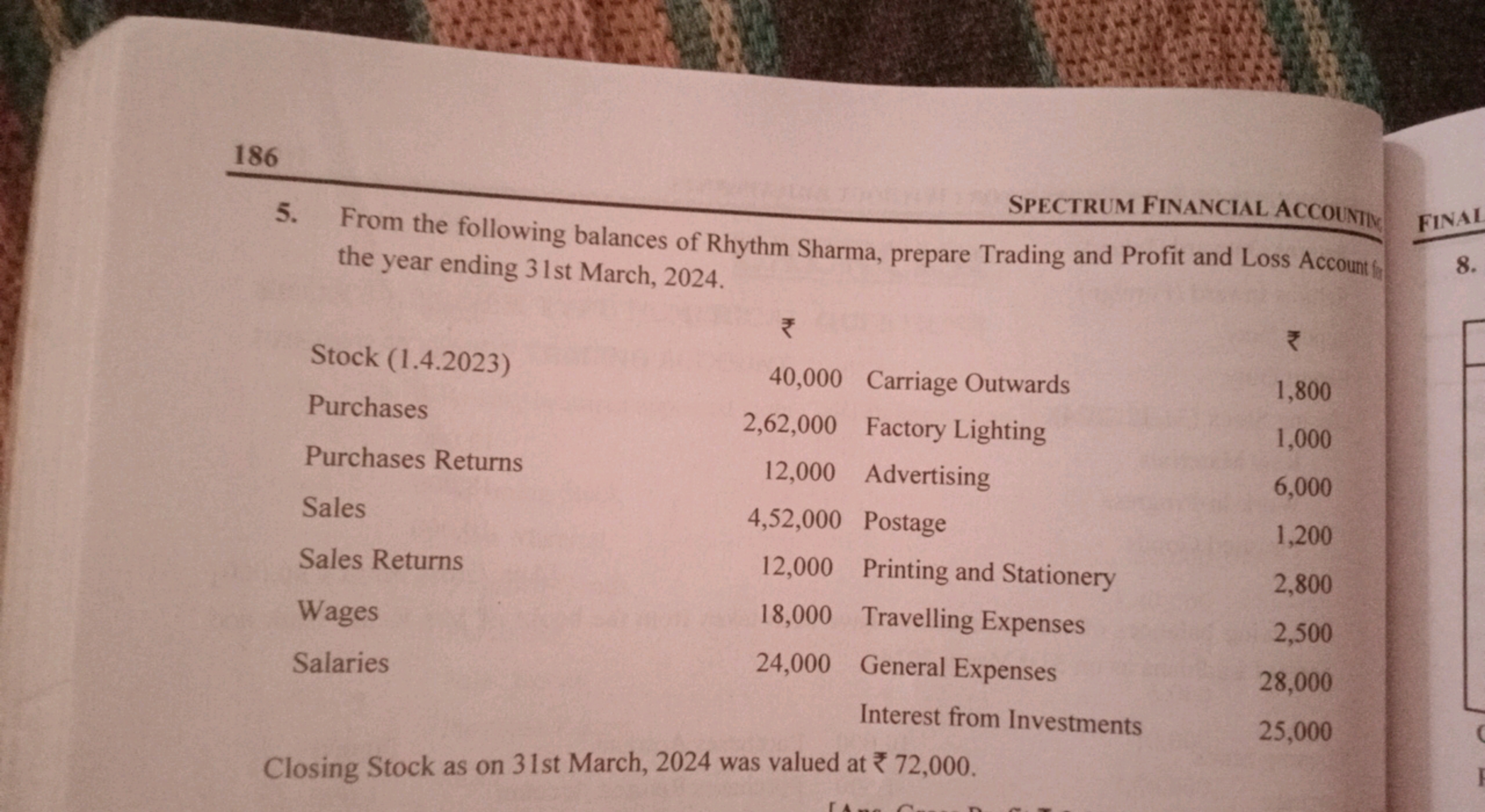 186
Spectrum Financial accolmity
5. From the following balances of Rhy