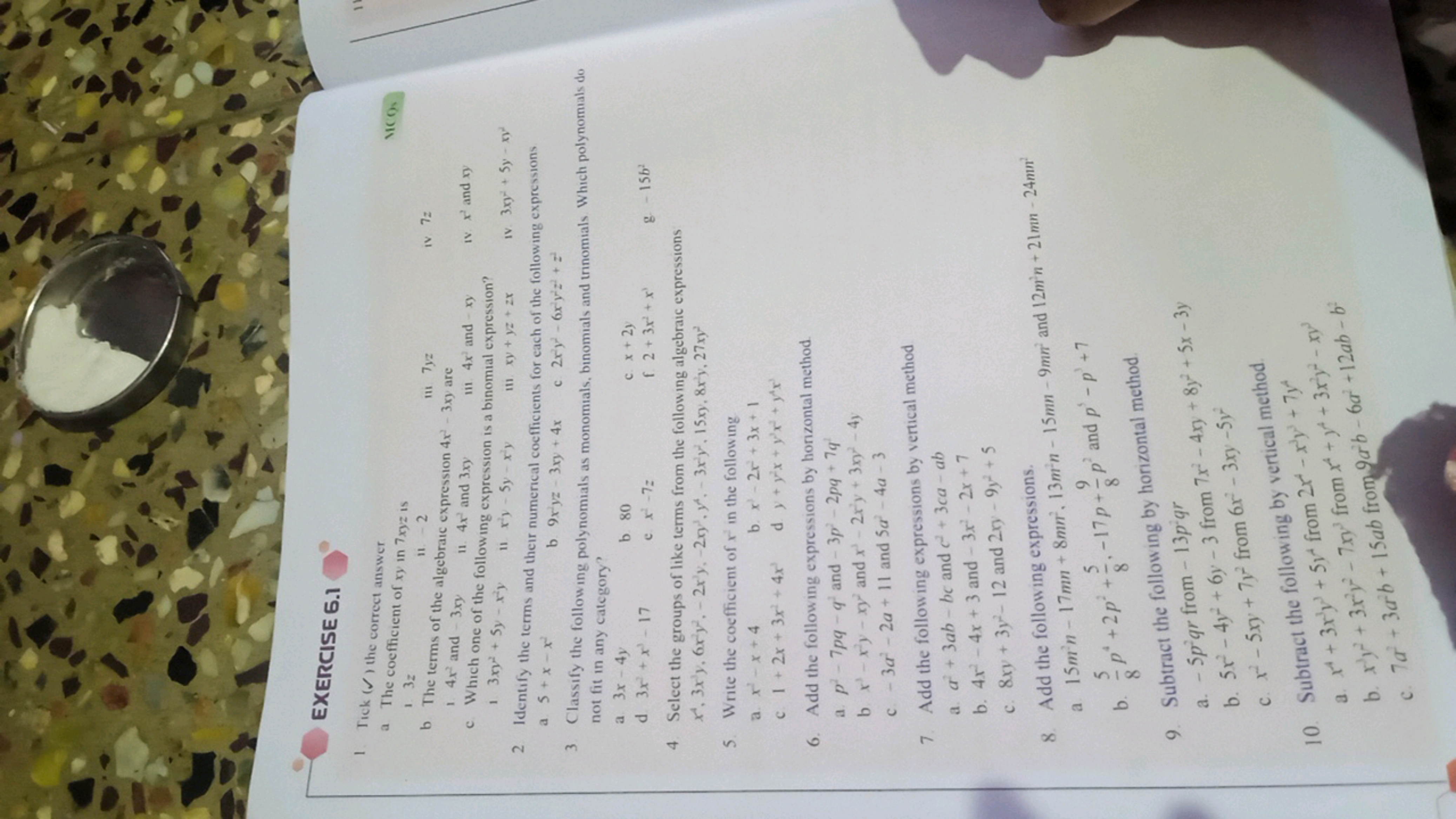 EXERCISE 6.1
1. Tick (✔) the correct answer
a The coefficient of xy in