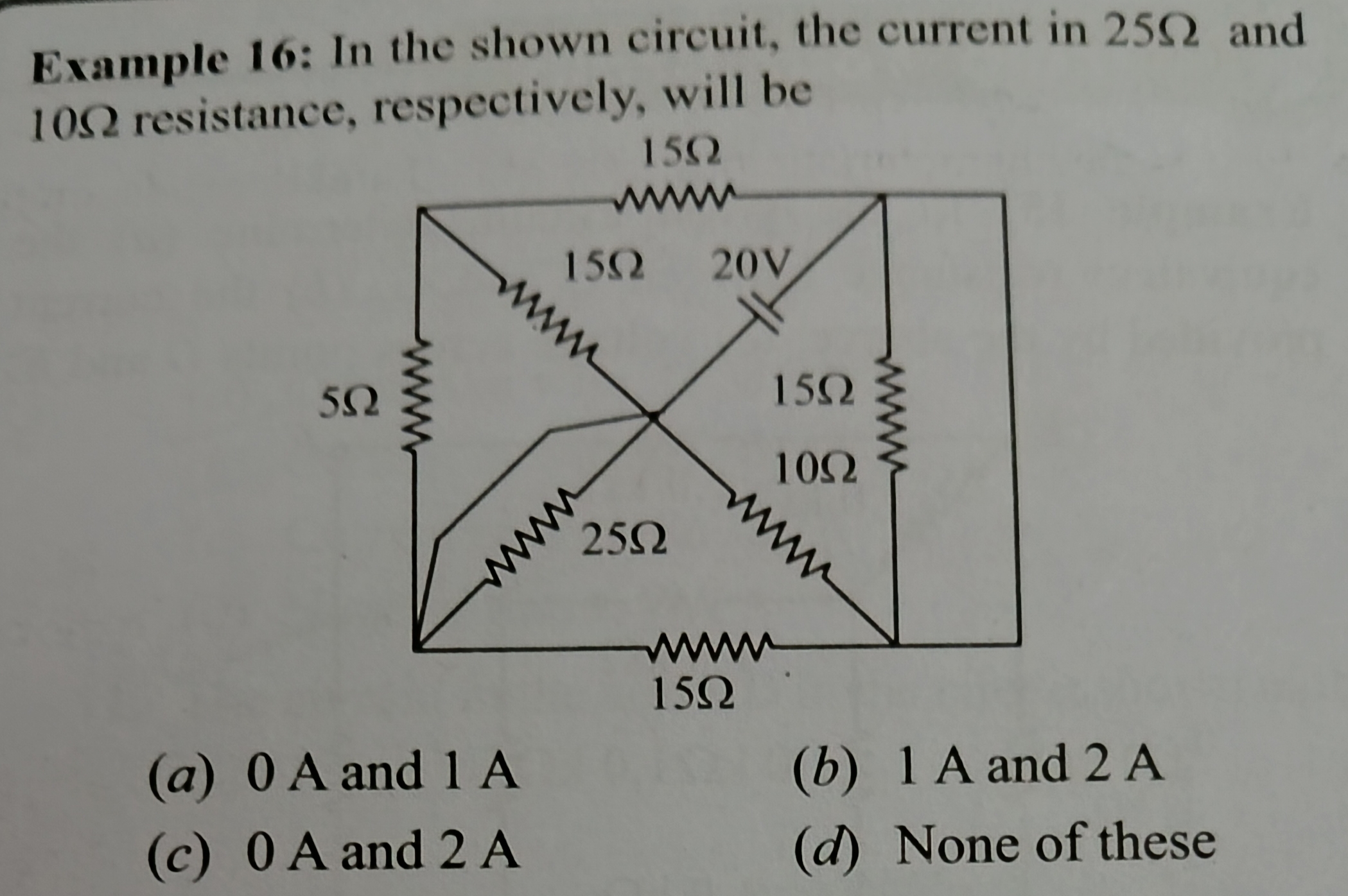 Example 16: In the shown circuit, the current in 25Ω and 10Ω resistanc