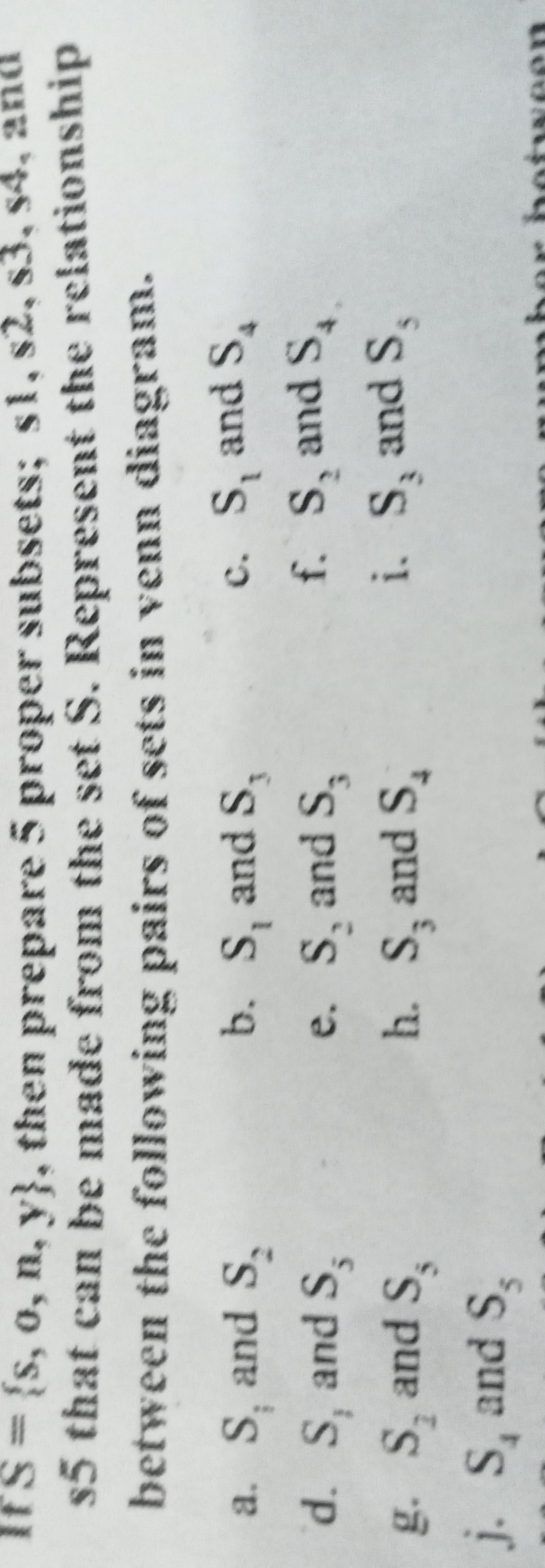 If S={s,0,n,y}, then prepare 5 proper subsets; s1,s2,s3,s4, and s5 tha