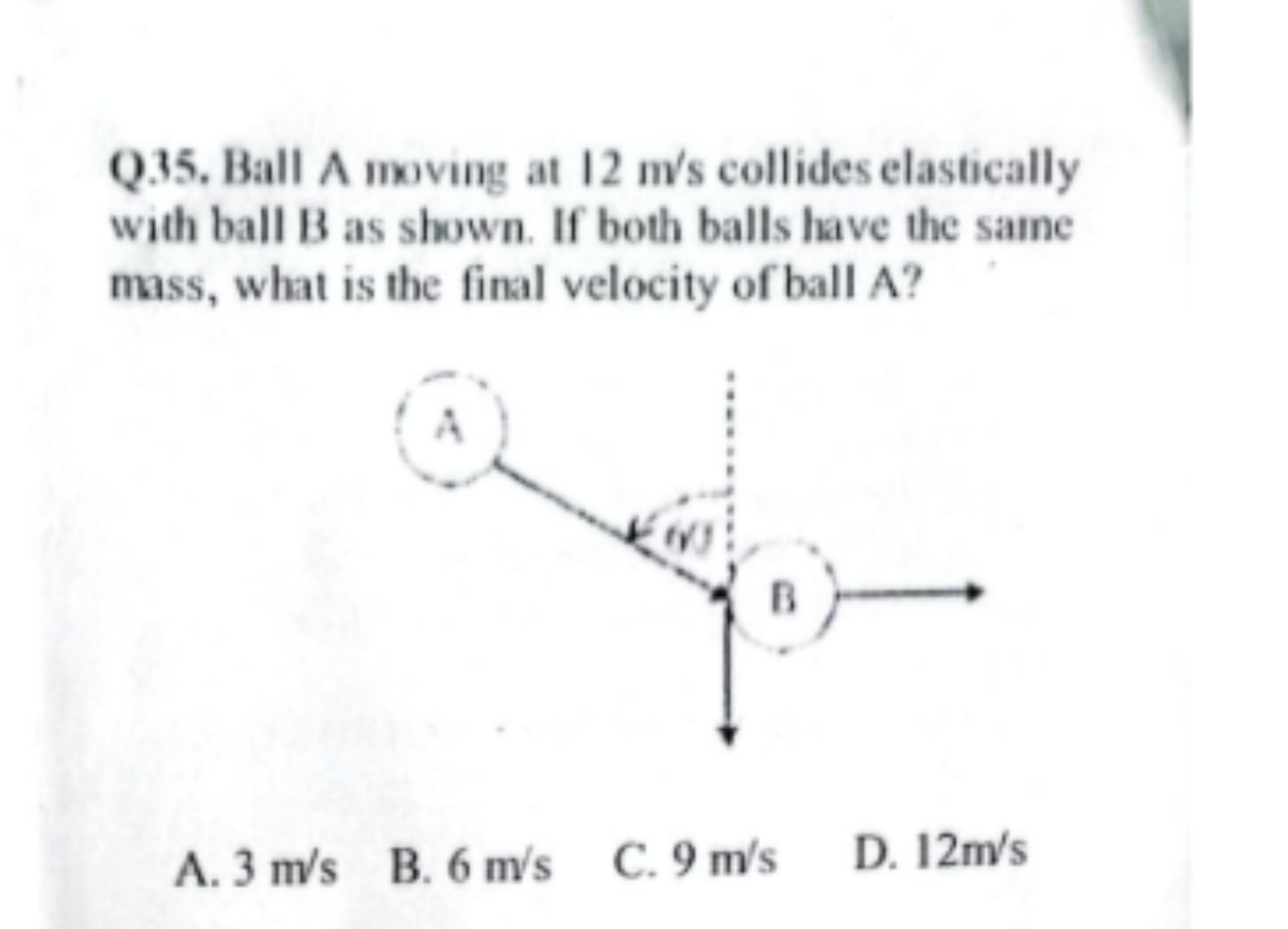 Q35. Ball A moving at 12 m/s collides elastically with ball B as shown