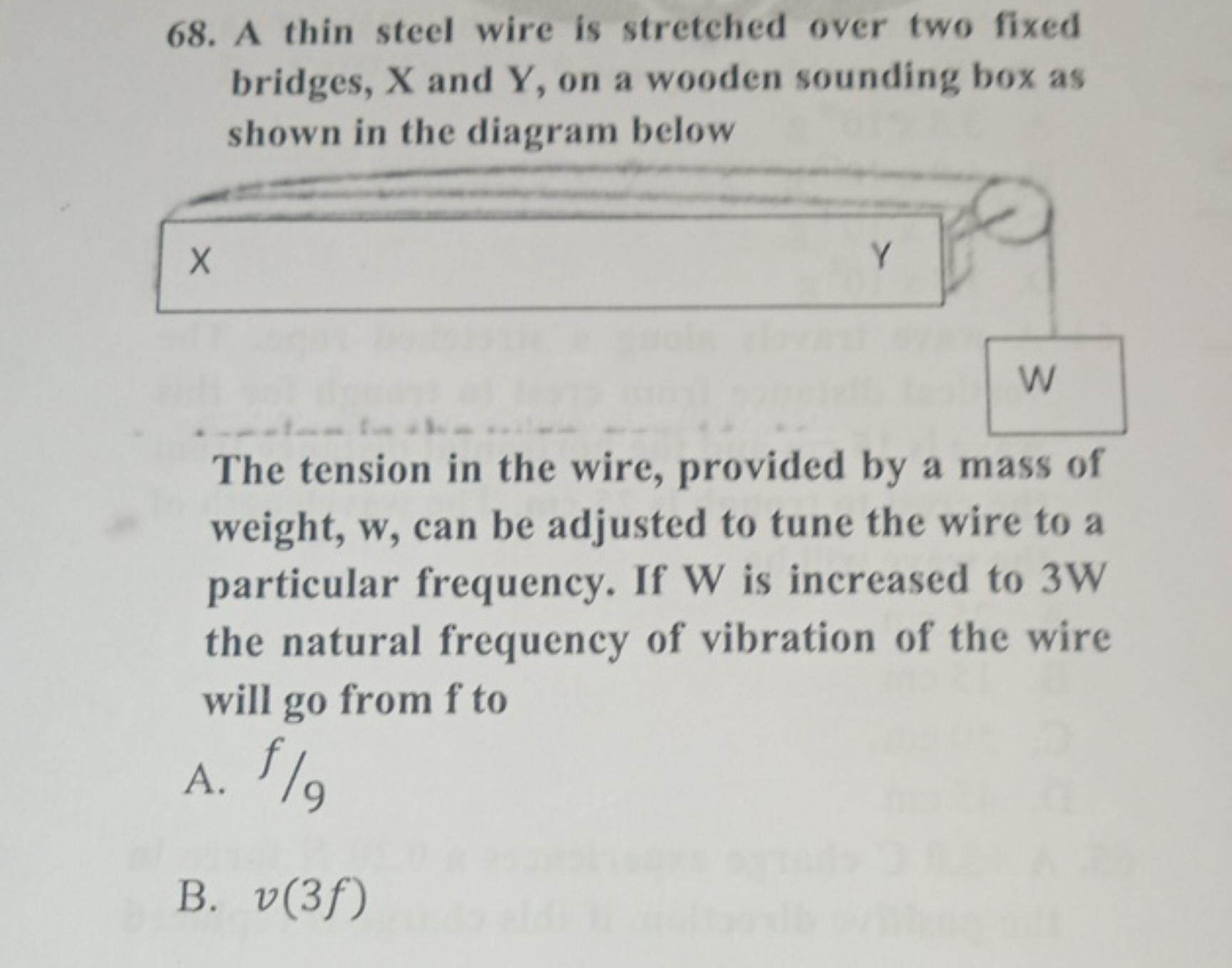 68. A thin steel wire is stretched over two fixed bridges, X and Y , o