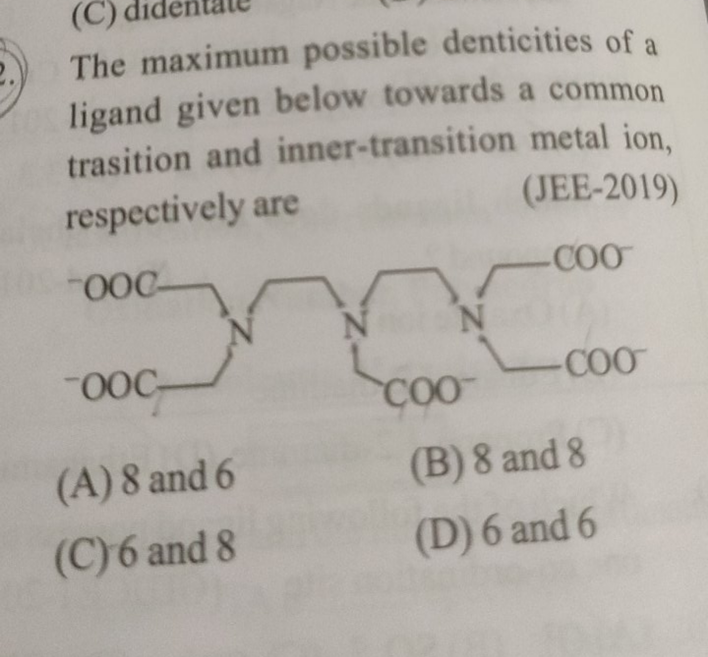 The maximum possible denticities of a ligand given below towards a com