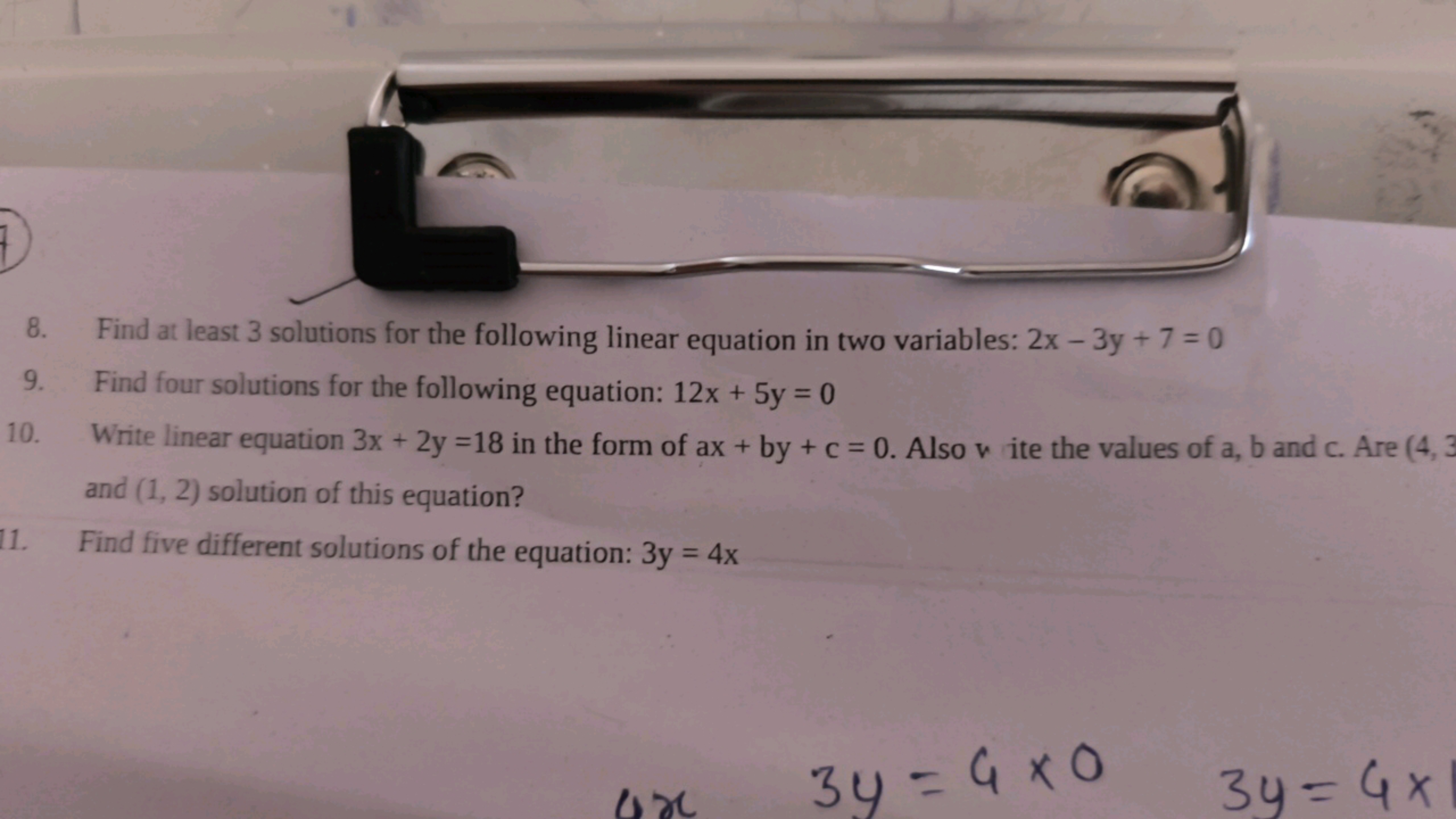 8. Find at least 3 solutions for the following linear equation in two 