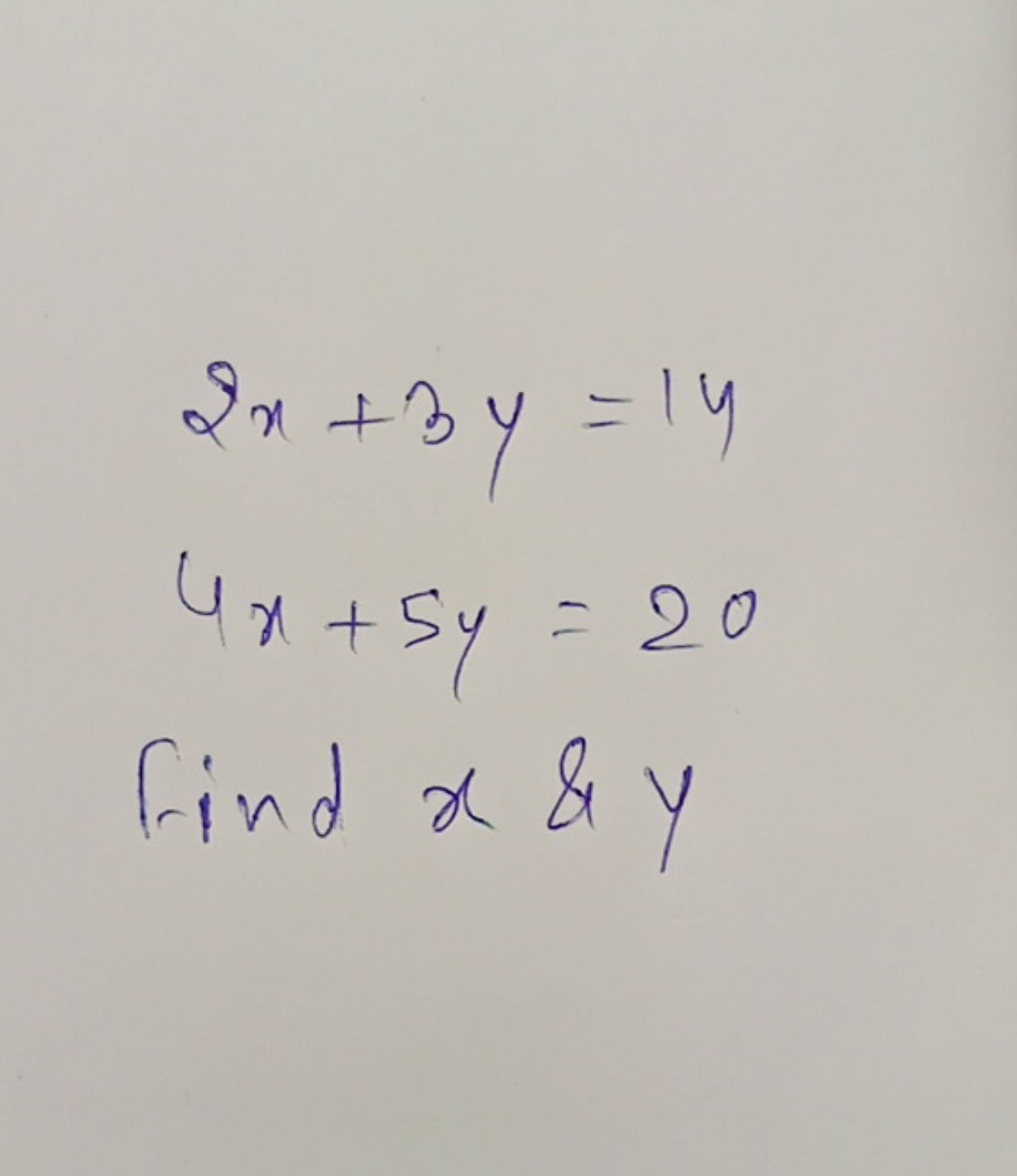 2x+3y=144x+5y=20 find x & y​