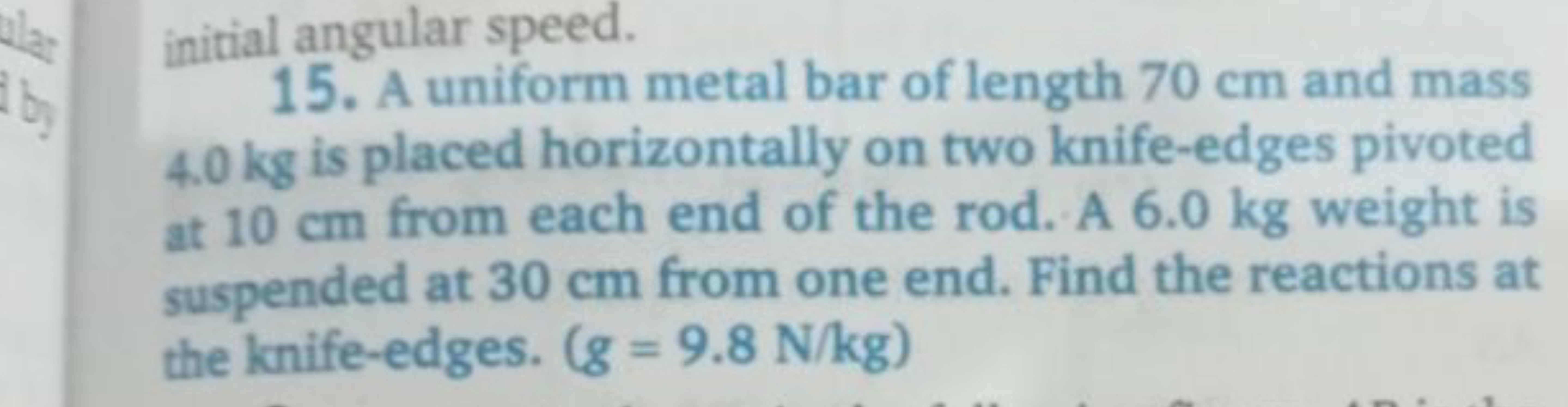 initial angular speed.
15. A uniform metal bar of length 70 cm and mas