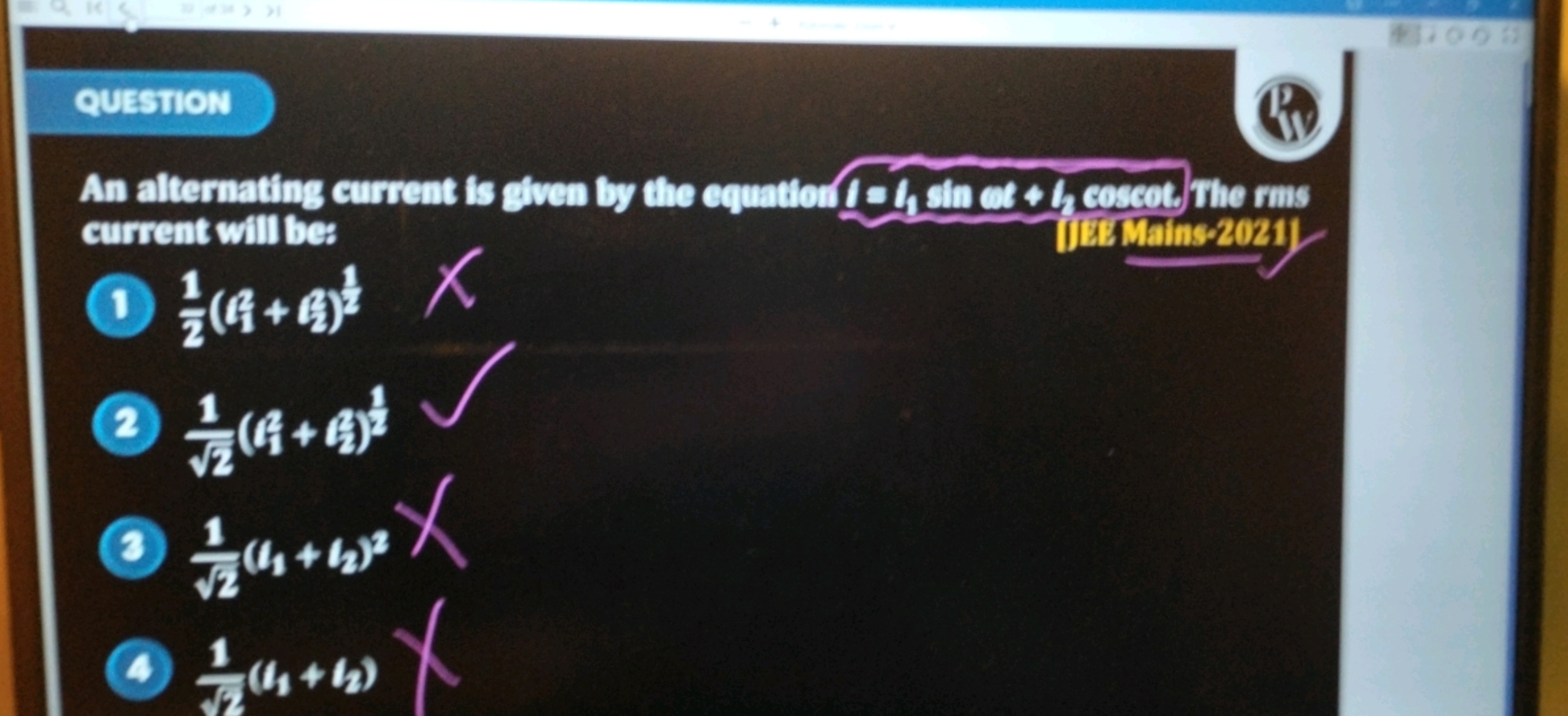 QUESTION
An alternating current is given by the cquattor 10h1​ sth Ct+