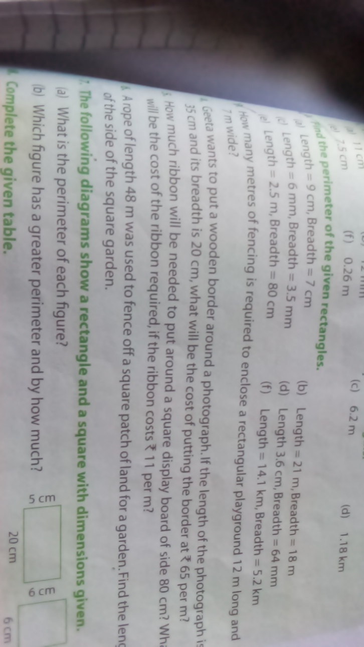 (f) 0.26 m
(c) 6.2 m
(d) 1.18 km

And the perimeter of the given recta